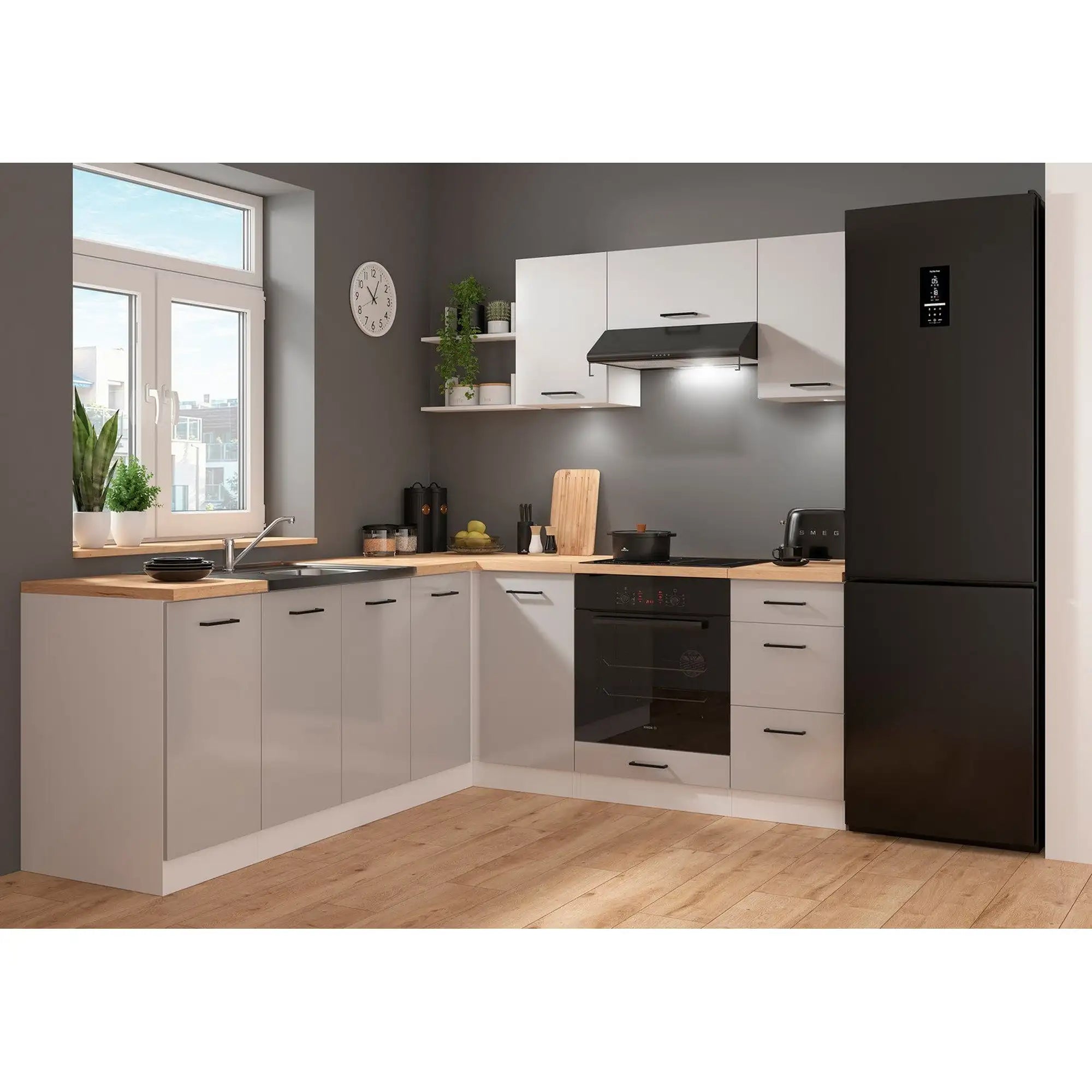 Set bucatarie JUNONA LINE, gri deschis/alb, PAL, 200x220 cm, cu blat stejar artisan