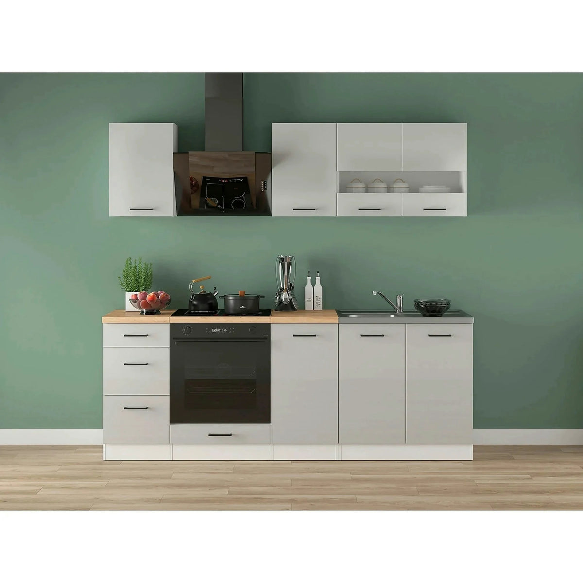 Set bucatarie JUNONA LINE, gri deschis/alb, PAL, 220 cm, cu blat stejar artisan