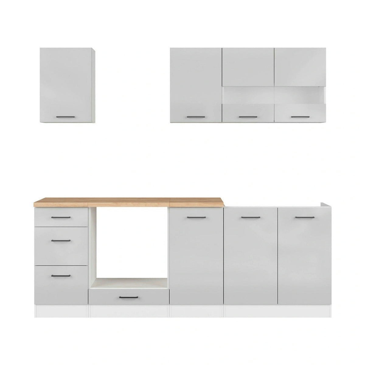 Set bucatarie JUNONA LINE, gri deschis/alb, PAL, 220 cm, cu blat stejar artisan