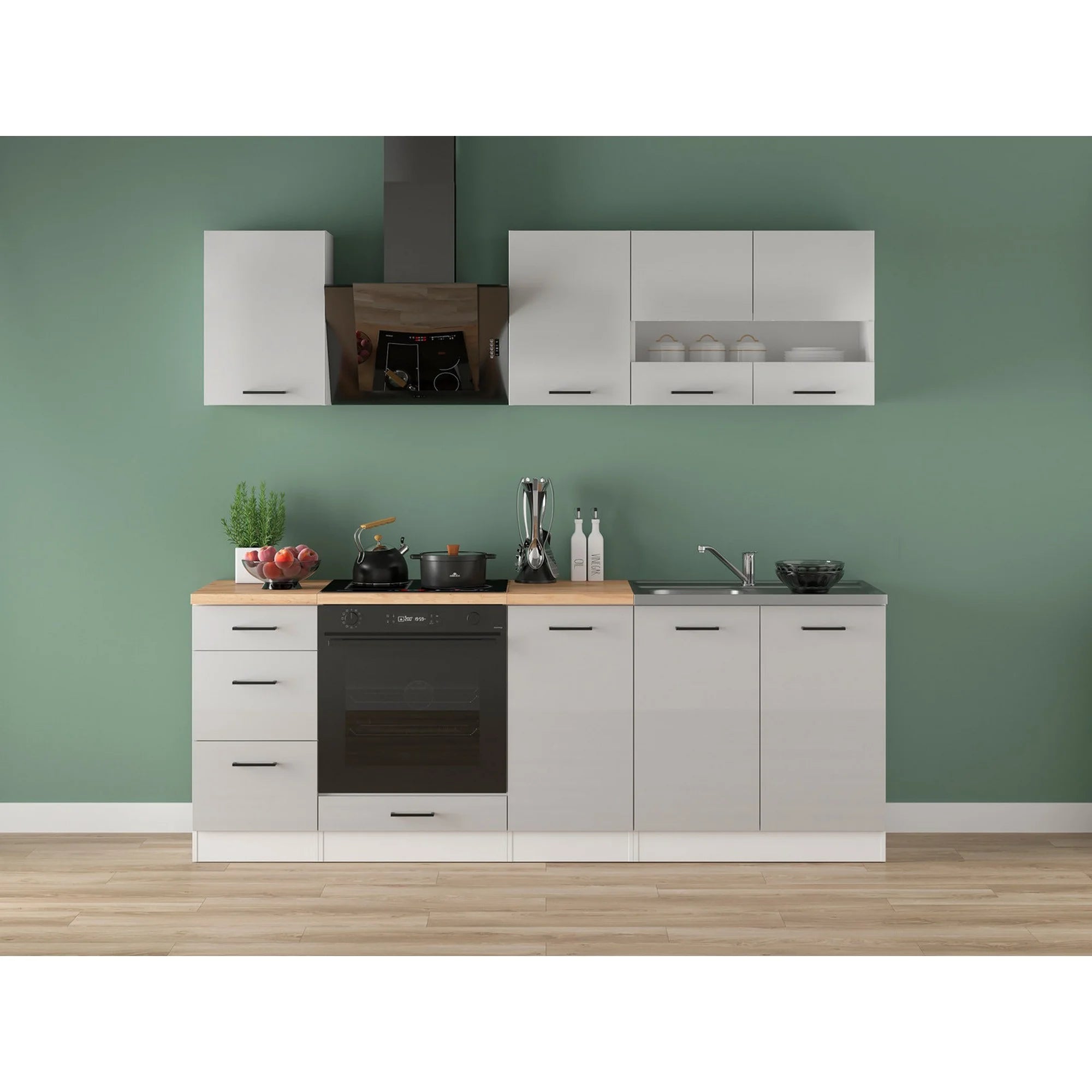 Set bucatarie JUNONA LINE, gri deschis/alb, PAL, 220 cm, cu blat stejar artisan