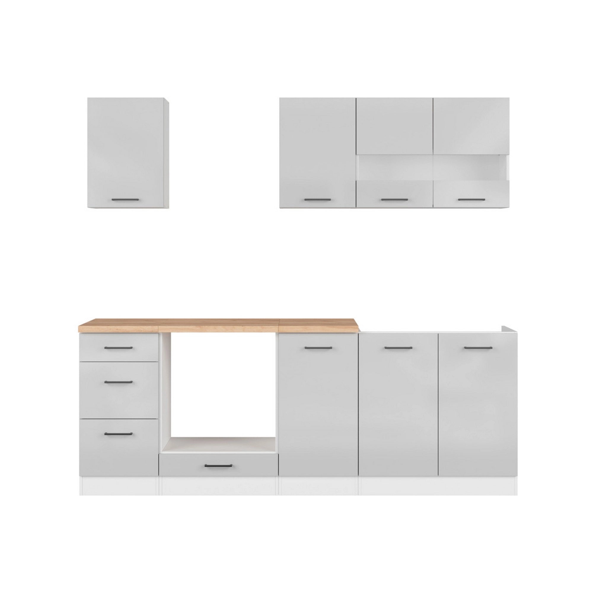 Set bucatarie JUNONA LINE, gri deschis/alb, PAL, 220 cm, cu blat stejar artisan