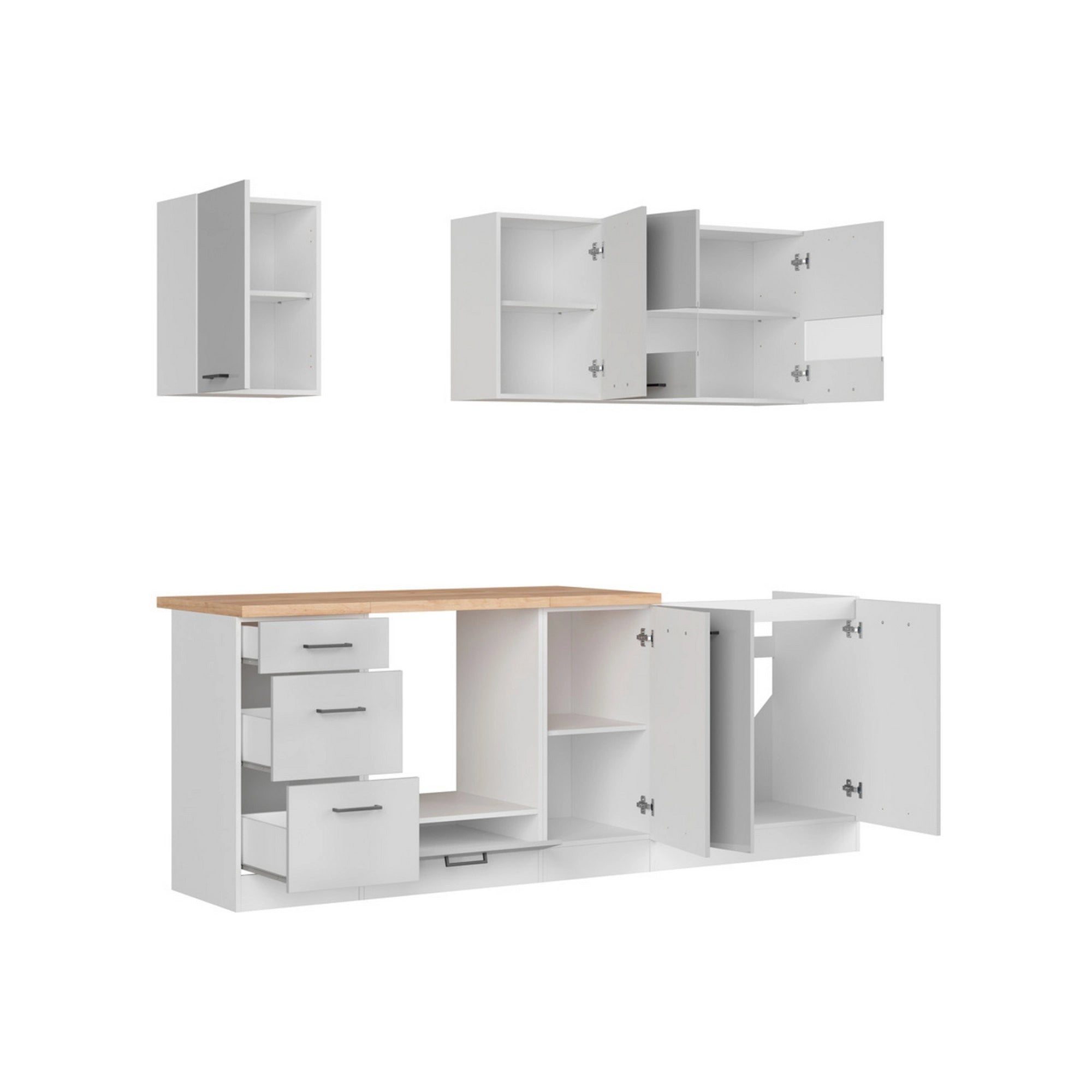 Set bucatarie JUNONA LINE, gri deschis/alb, PAL, 220 cm, cu blat stejar artisan