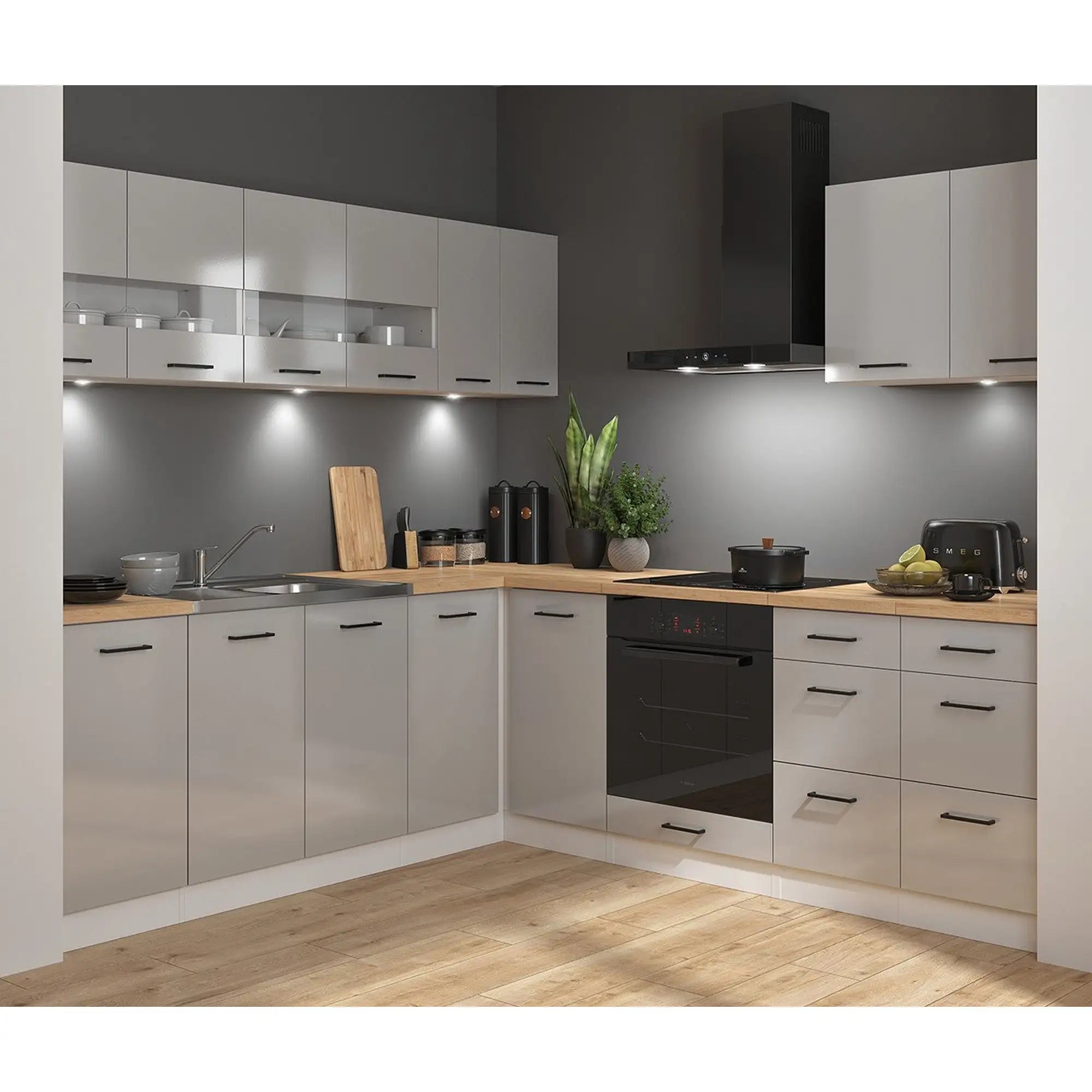 Set bucatarie JUNONA LINE, gri deschis/alb, PAL, 220x240 cm, cu blat stejar artisan