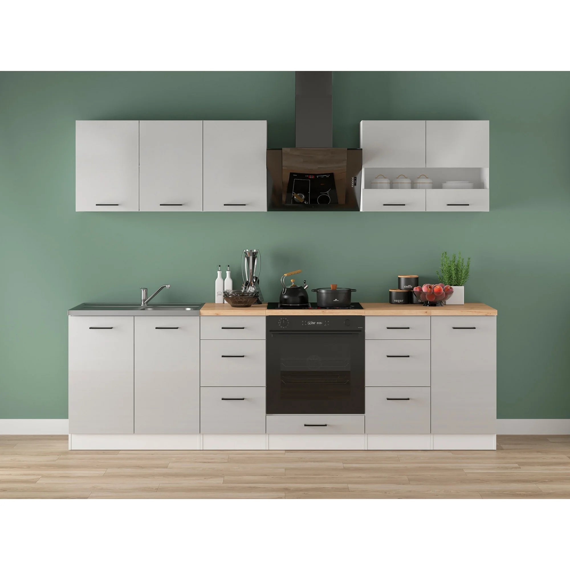 Set bucatarie JUNONA LINE, gri deschis/alb, PAL, 260 cm, cu blat stejar