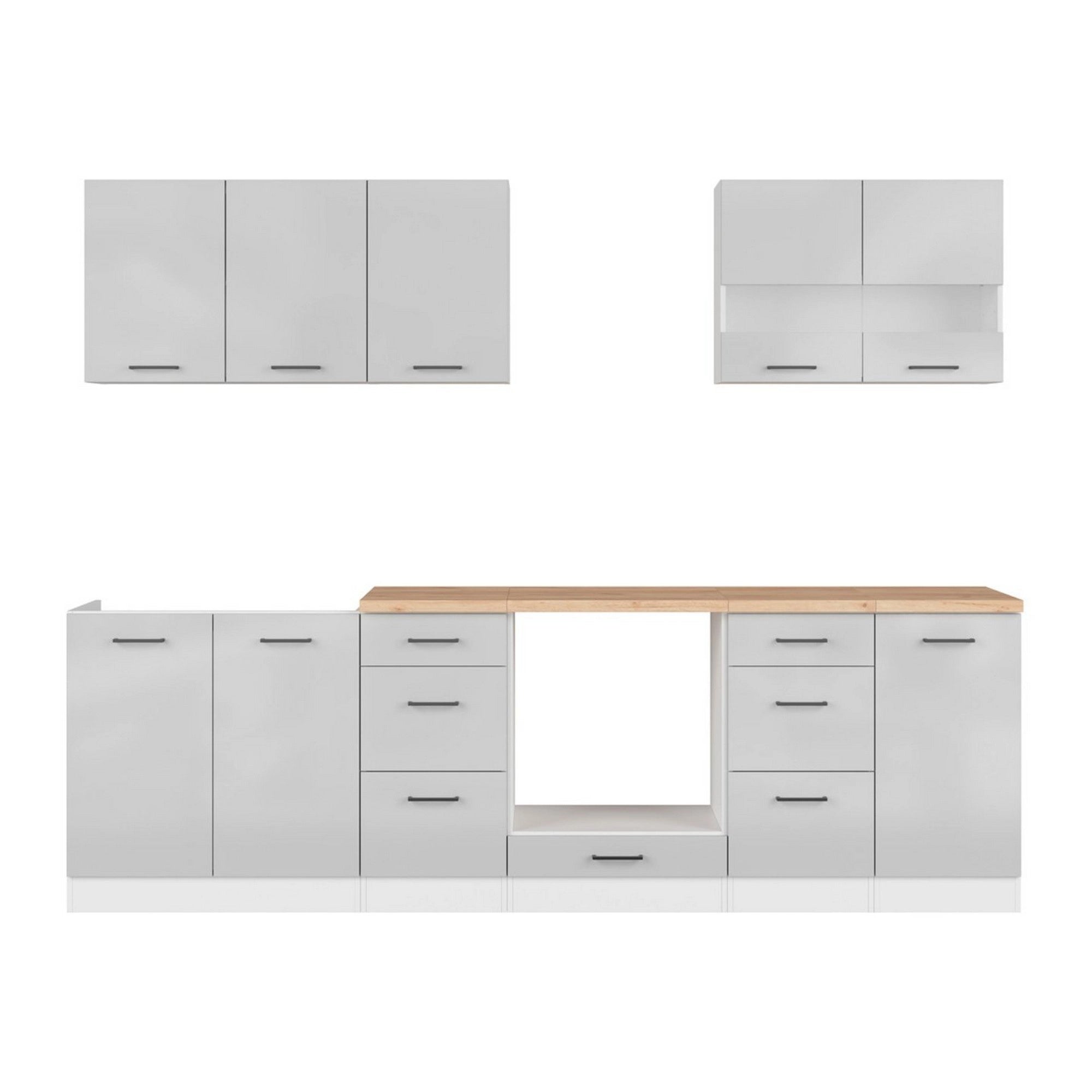 Set bucatarie JUNONA LINE, gri deschis/alb, PAL, 260 cm, cu blat stejar