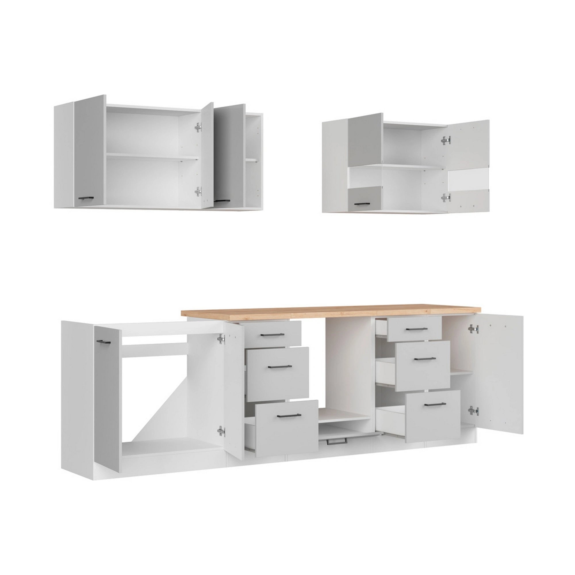 Set bucatarie JUNONA LINE, gri deschis/alb, PAL, 260 cm, cu blat stejar