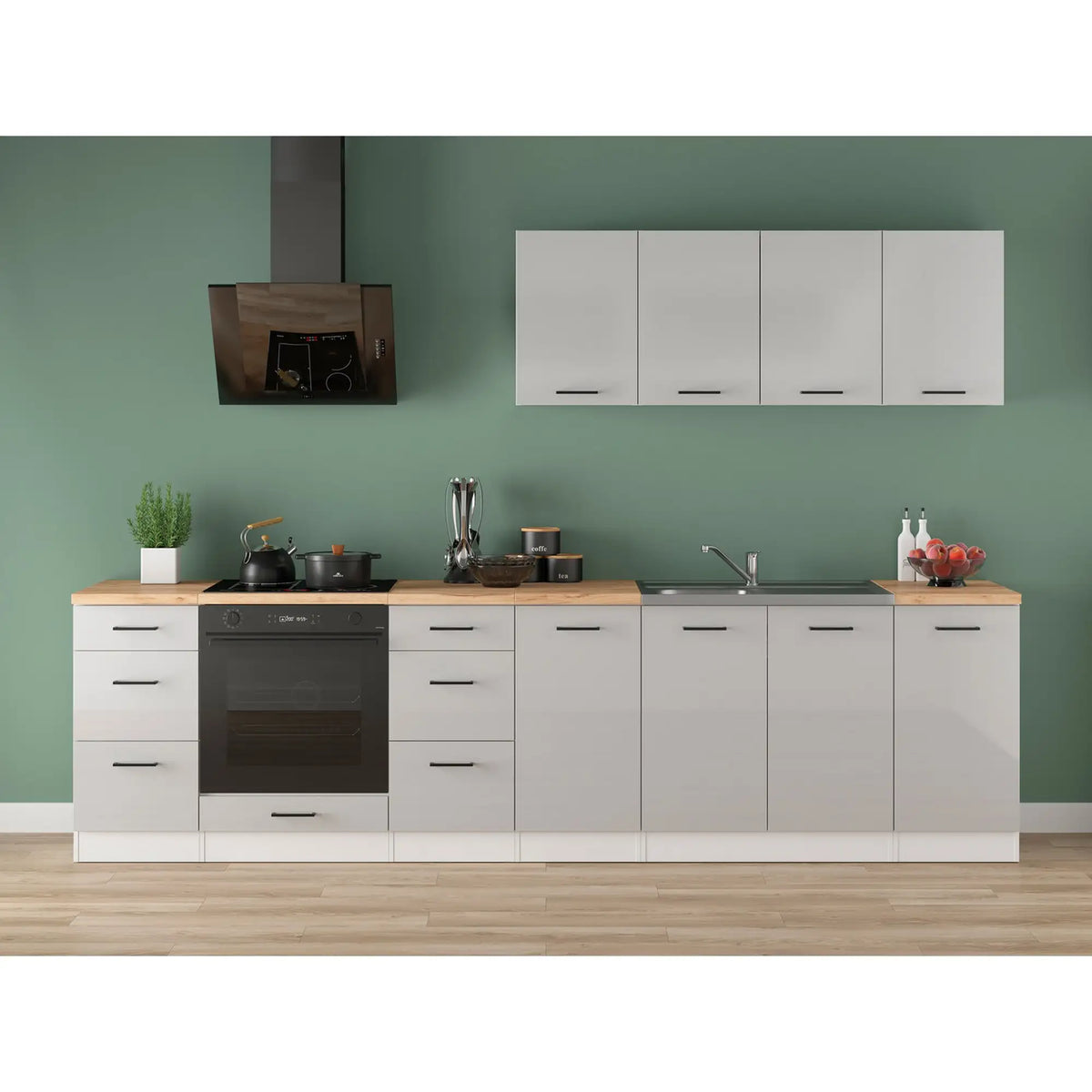 Set bucatarie JUNONA LINE, gri deschis/alb, PAL, 300 cm, cu blat stejar artisan