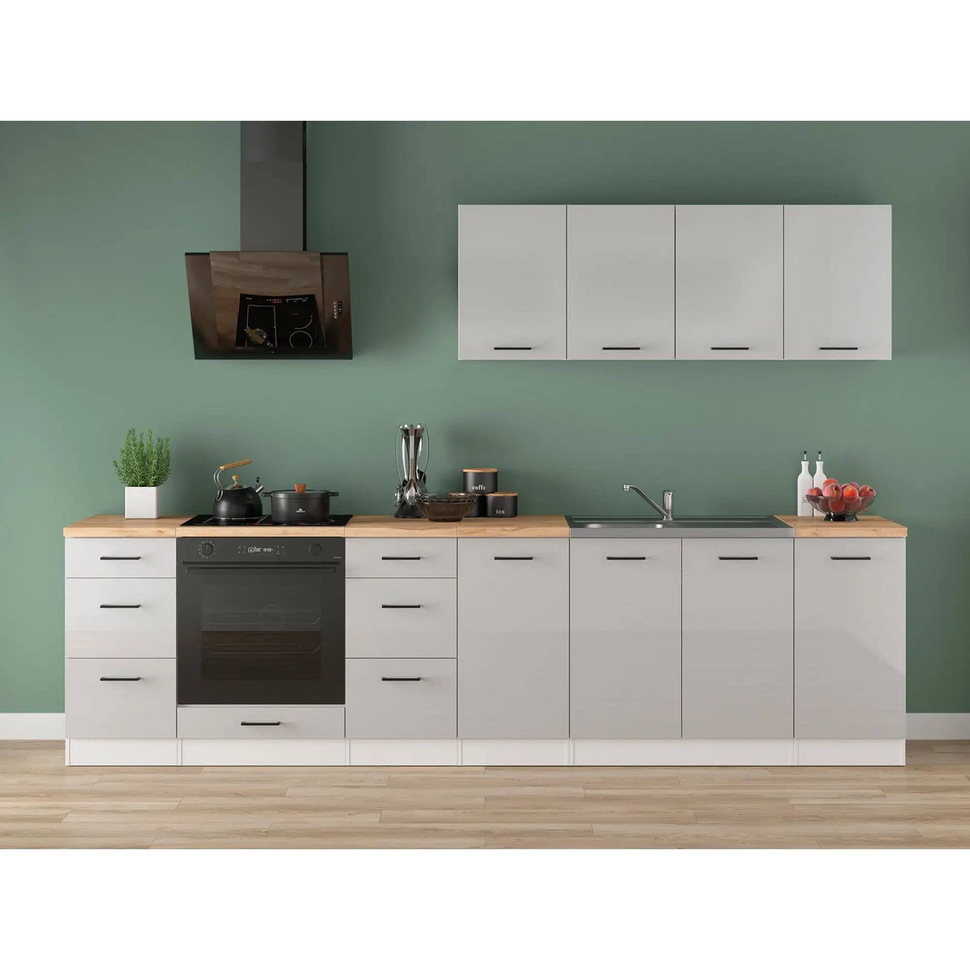 Set bucatarie JUNONA LINE, gri deschis/alb, PAL, 300 cm, cu blat stejar artisan