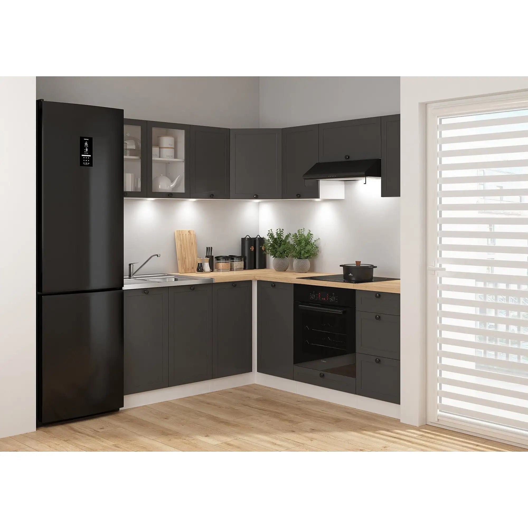 Set bucatarie JUNONA LINE, gri grafit/alb, PAL, 180x200 cm, cu blat stejar artisan