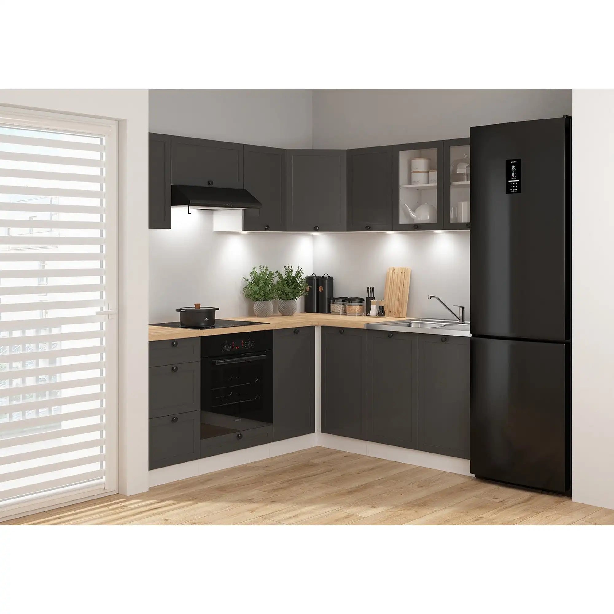 Set bucatarie JUNONA LINE, gri grafit/alb, PAL, 180x200 cm, cu blat stejar artisan