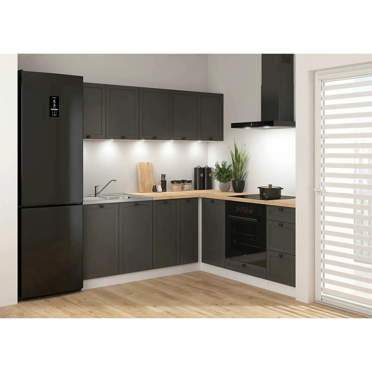 Set bucatarie JUNONA LINE, gri grafit/alb, PAL, 200x200 cm, cu blat stejar artisan