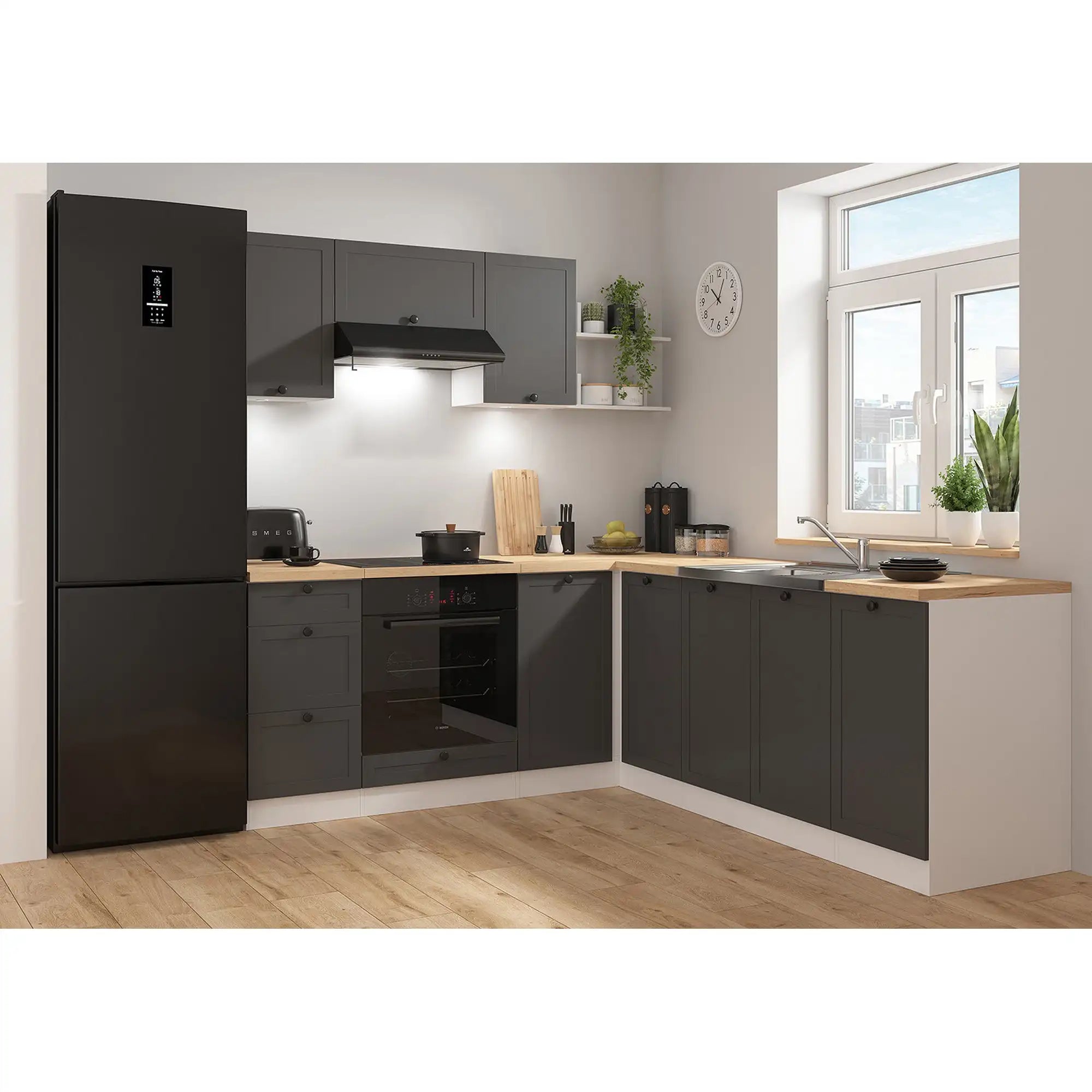 Set bucatarie JUNONA LINE, gri grafit/alb, PAL, 200x220 cm, cu blat stejar artisan