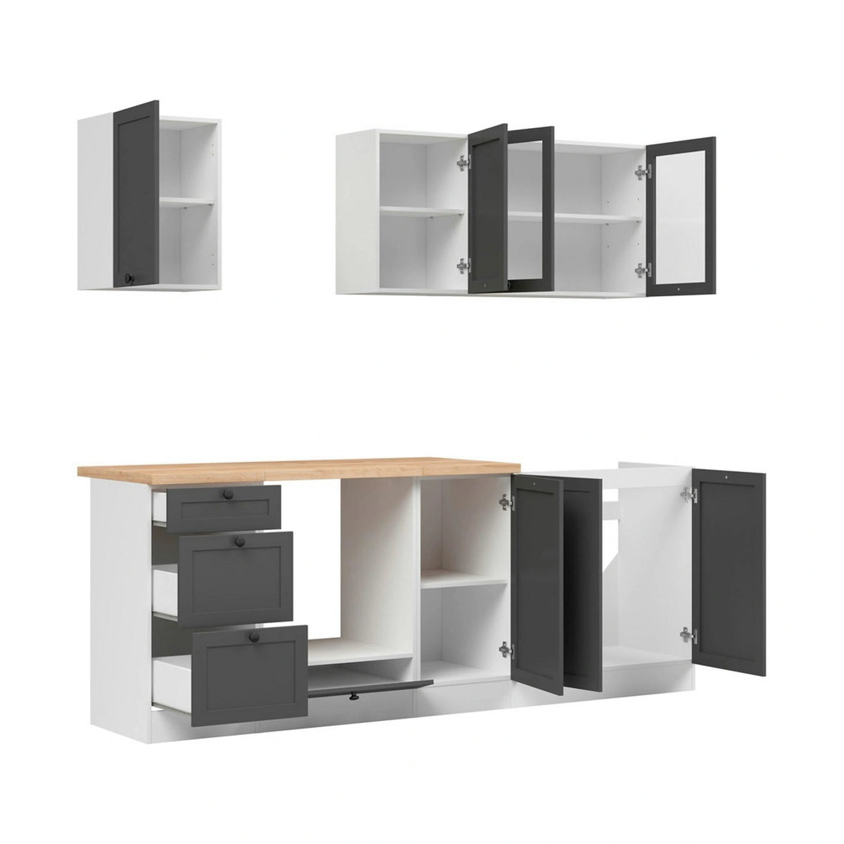 Set bucatarie JUNONA LINE, gri grafit/alb, PAL, 220 cm, cu blat stejar artisan