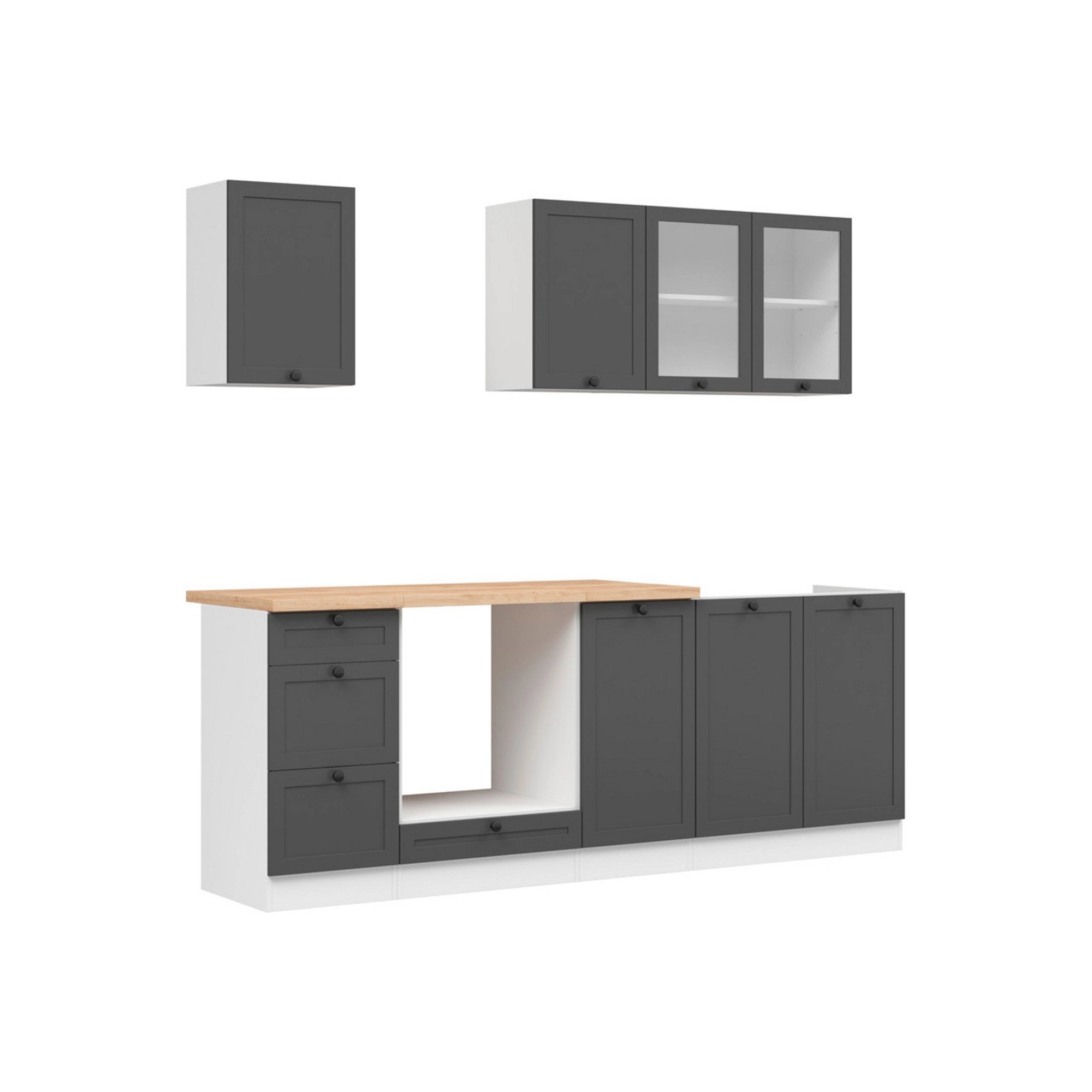 Set bucatarie JUNONA LINE, gri grafit/alb, PAL, 220 cm, cu blat stejar artisan