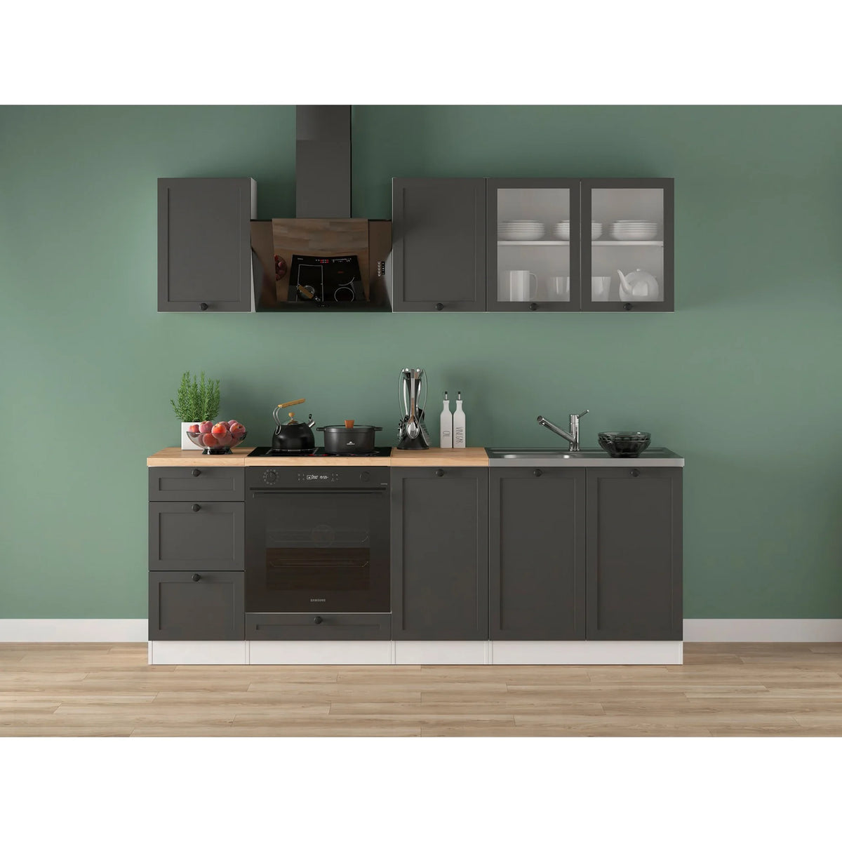 Set bucatarie JUNONA LINE, gri grafit/alb, PAL, 220 cm, cu blat stejar artisan