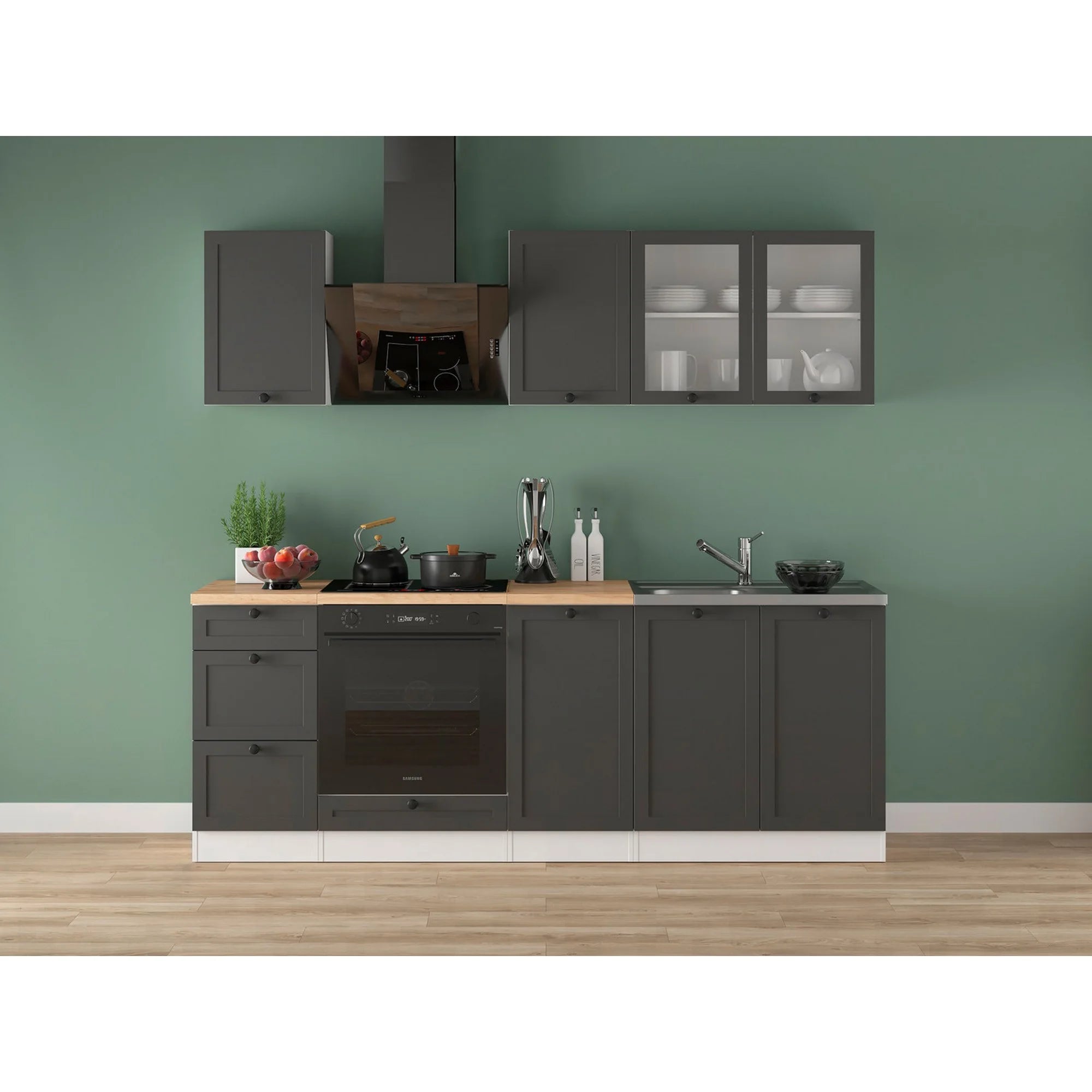 Set bucatarie JUNONA LINE, gri grafit/alb, PAL, 220 cm, cu blat stejar artisan