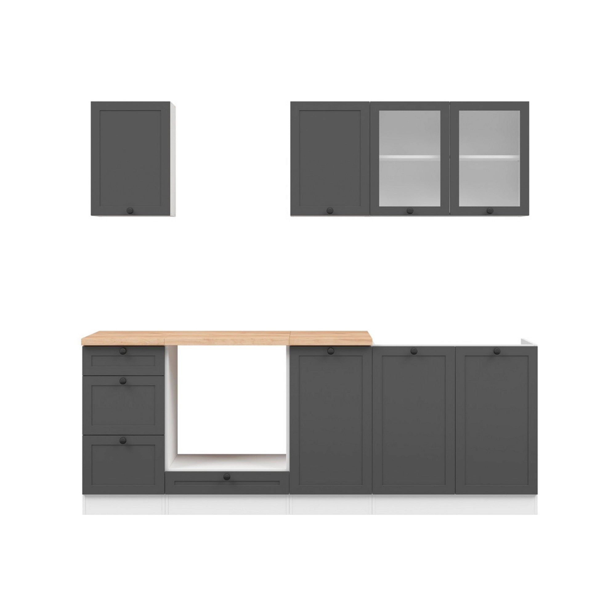 Set bucatarie JUNONA LINE, gri grafit/alb, PAL, 220 cm, cu blat stejar artisan