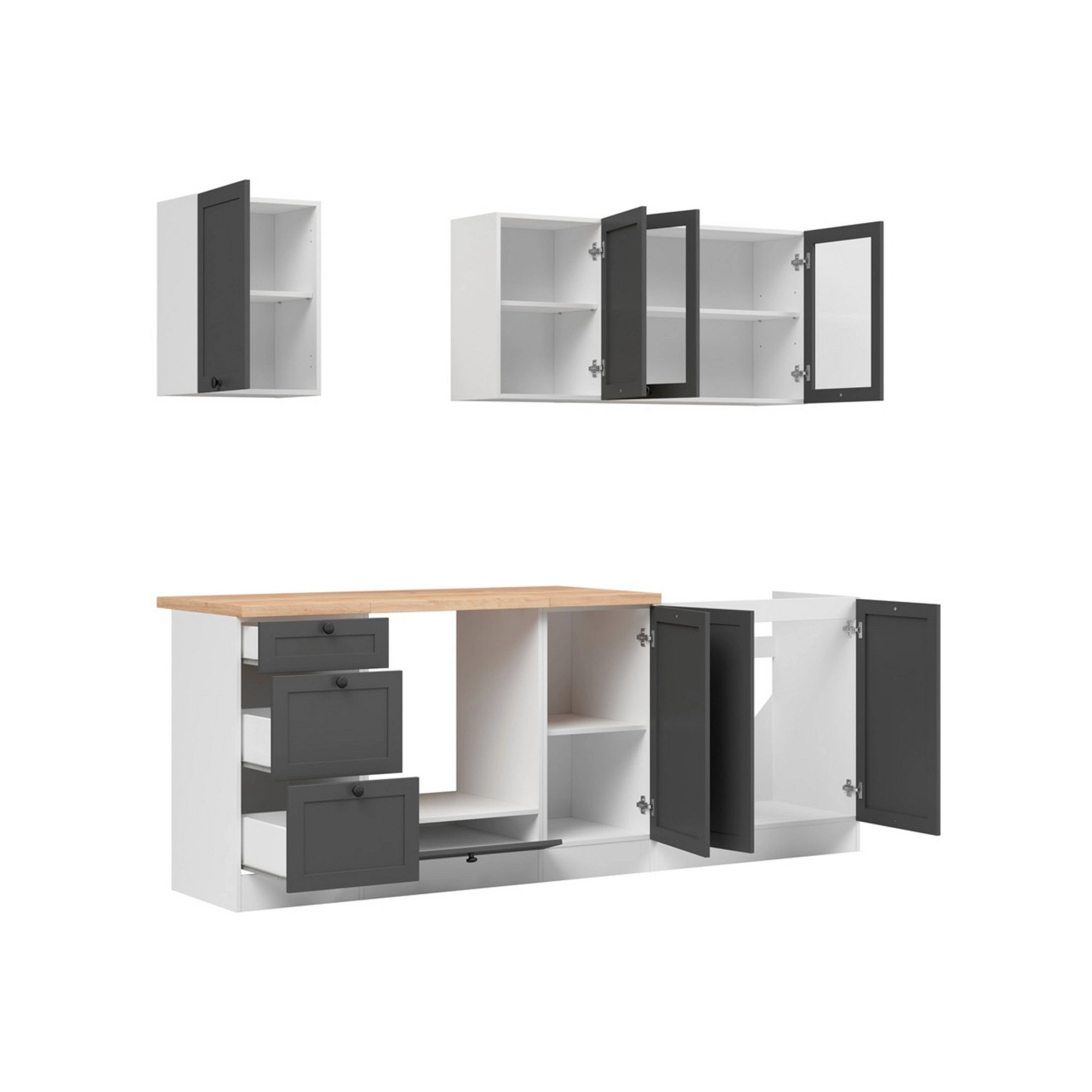 Set bucatarie JUNONA LINE, gri grafit/alb, PAL, 220 cm, cu blat stejar artisan