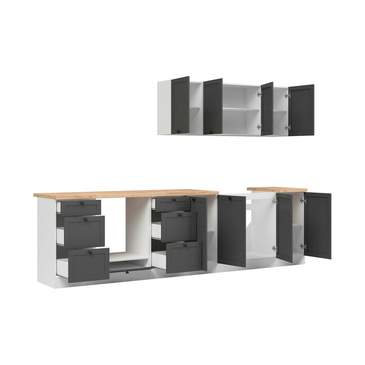 Set bucatarie JUNONA LINE, gri grafit/alb, PAL, 300 cm, cu blat stejar artisan