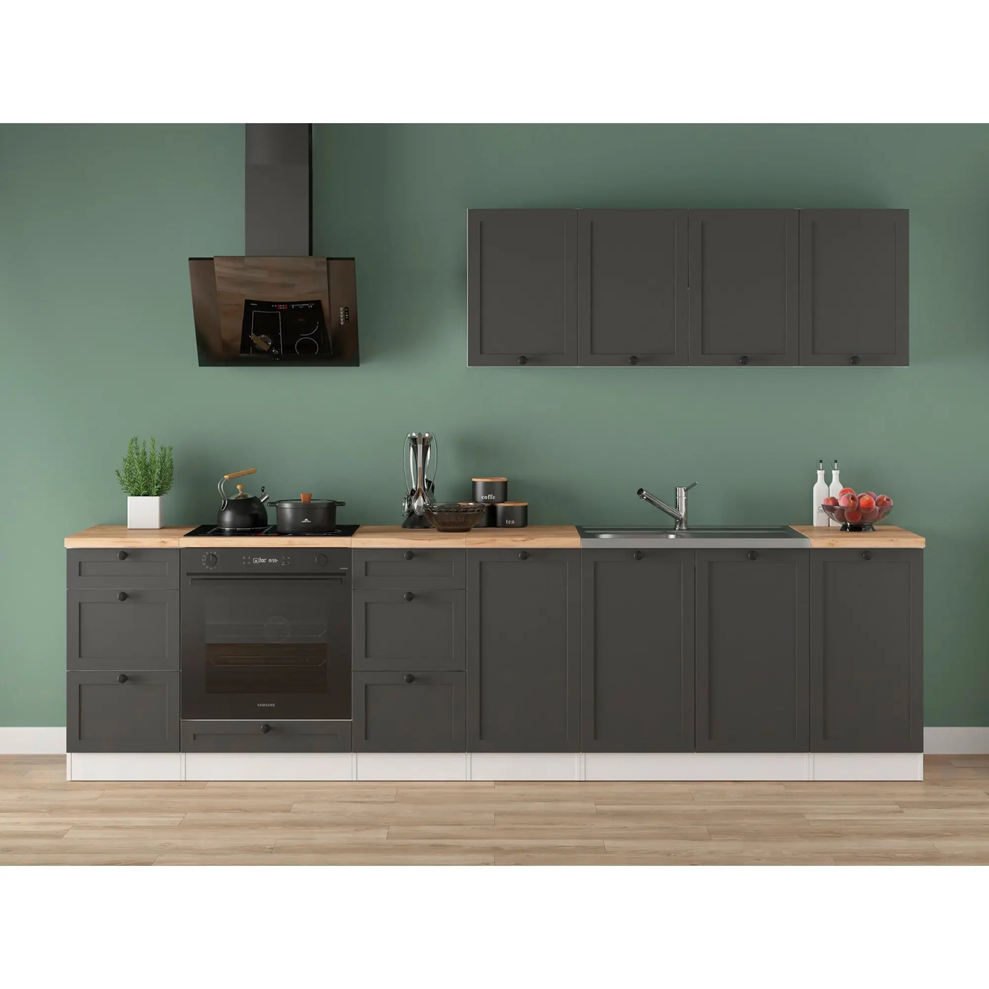 Set bucatarie JUNONA LINE, gri grafit/alb, PAL, 300 cm, cu blat stejar artisan