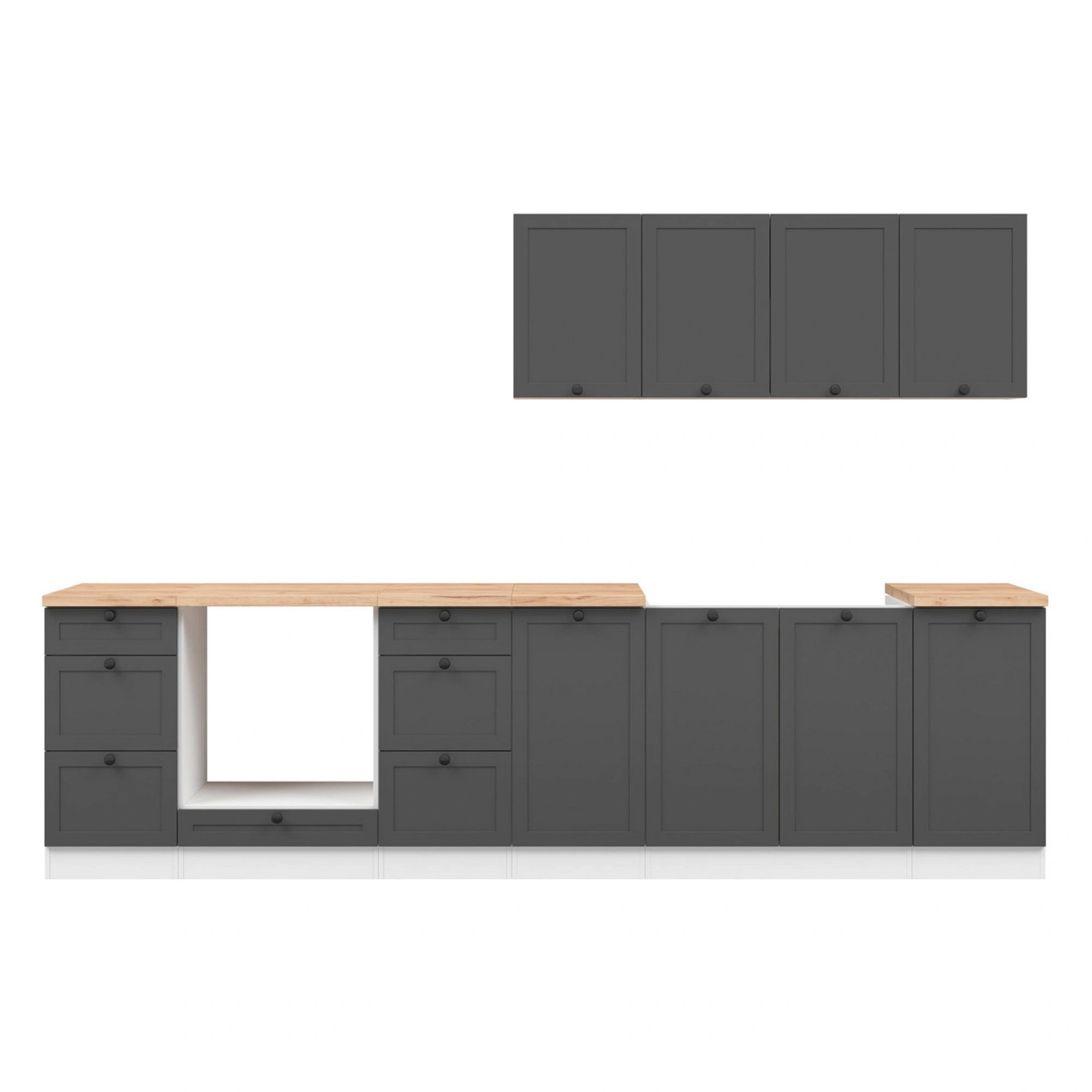 Set bucatarie JUNONA LINE, gri grafit/alb, PAL, 300 cm, cu blat stejar artisan