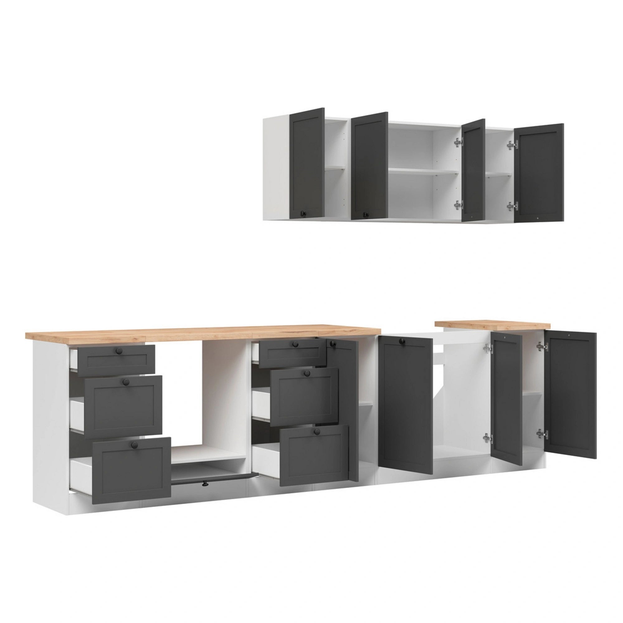 Set bucatarie JUNONA LINE, gri grafit/alb, PAL, 300 cm, cu blat stejar artisan