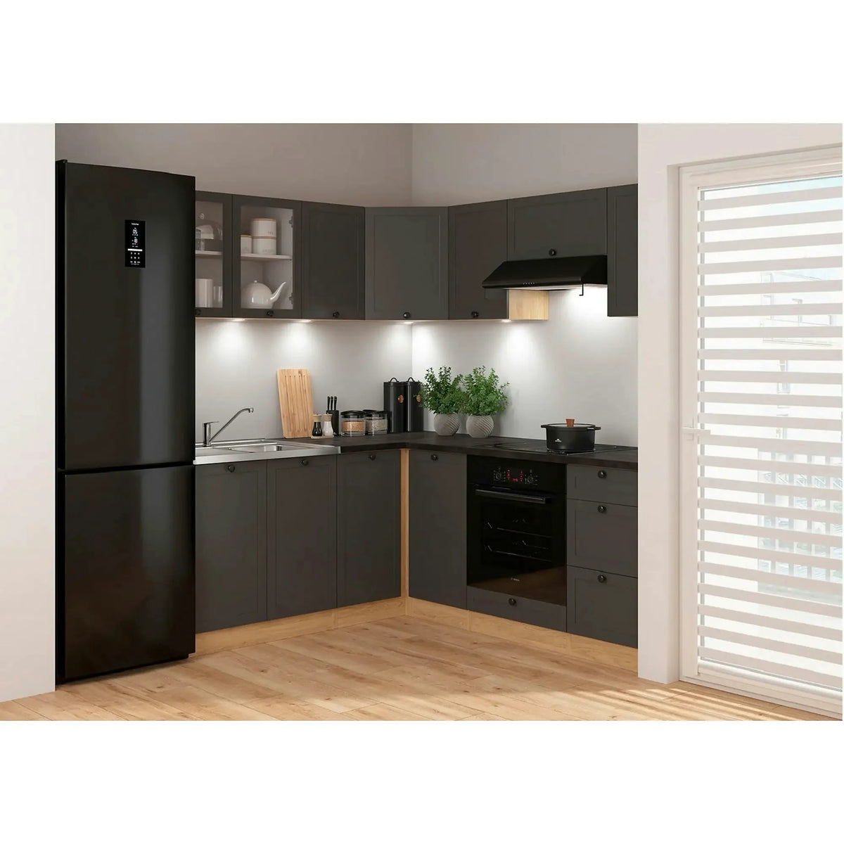 Set bucatarie JUNONA LINE, gri grafit/stejar, PAL, 180x200 cm, cu blat negru