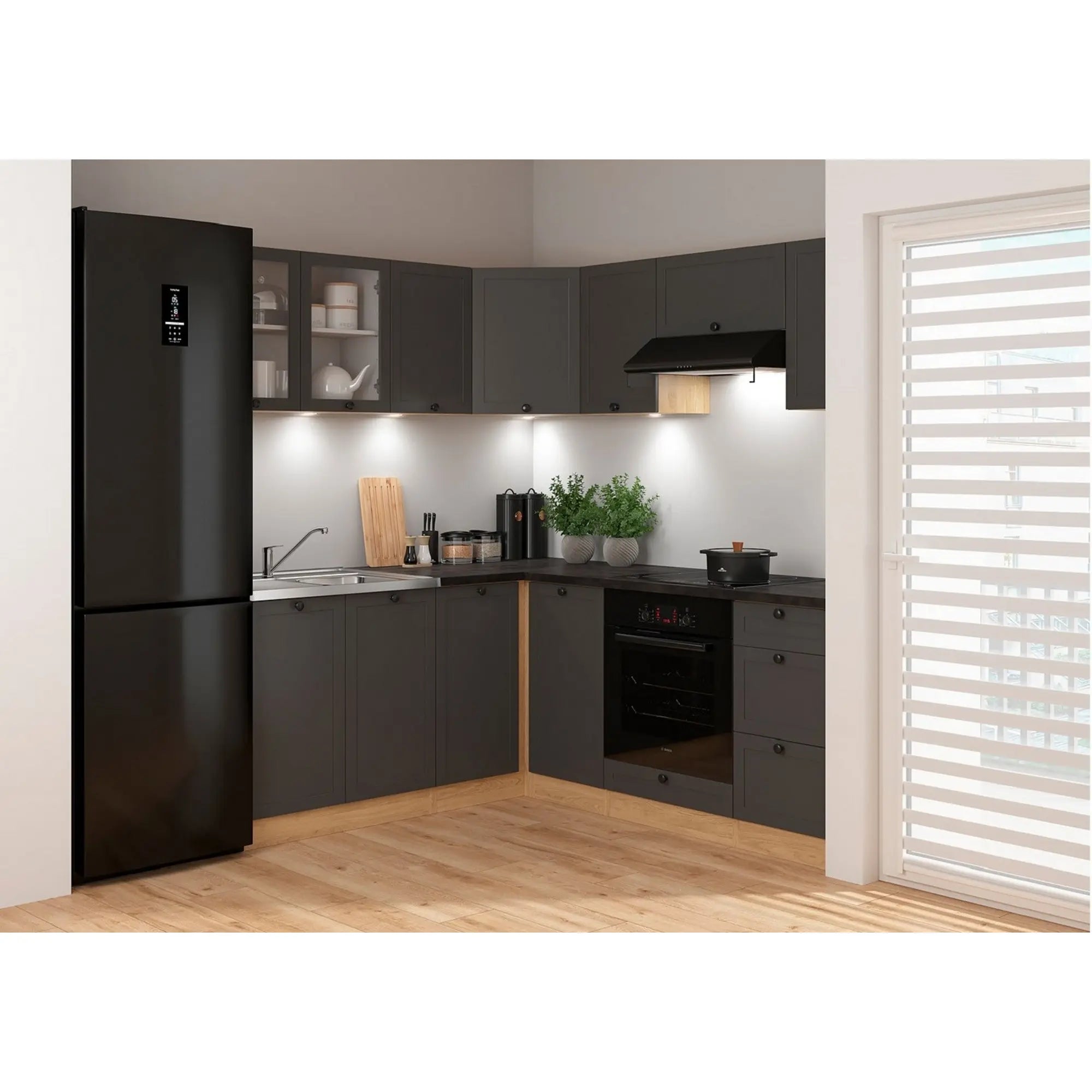 Set bucatarie JUNONA LINE, gri grafit/stejar, PAL, 180x200 cm, cu blat negru