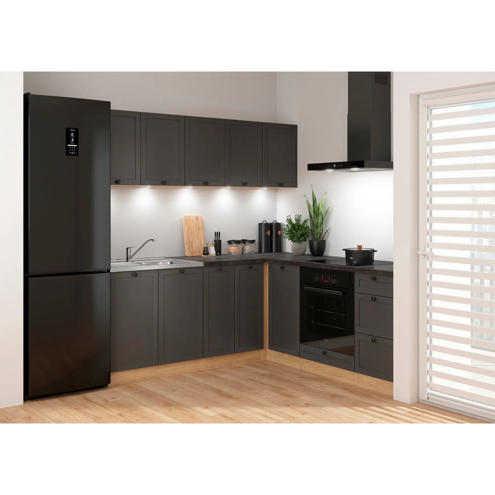 Set bucatarie JUNONA LINE, gri grafit/stejar, PAL, 200x200 cm, cu blat negru