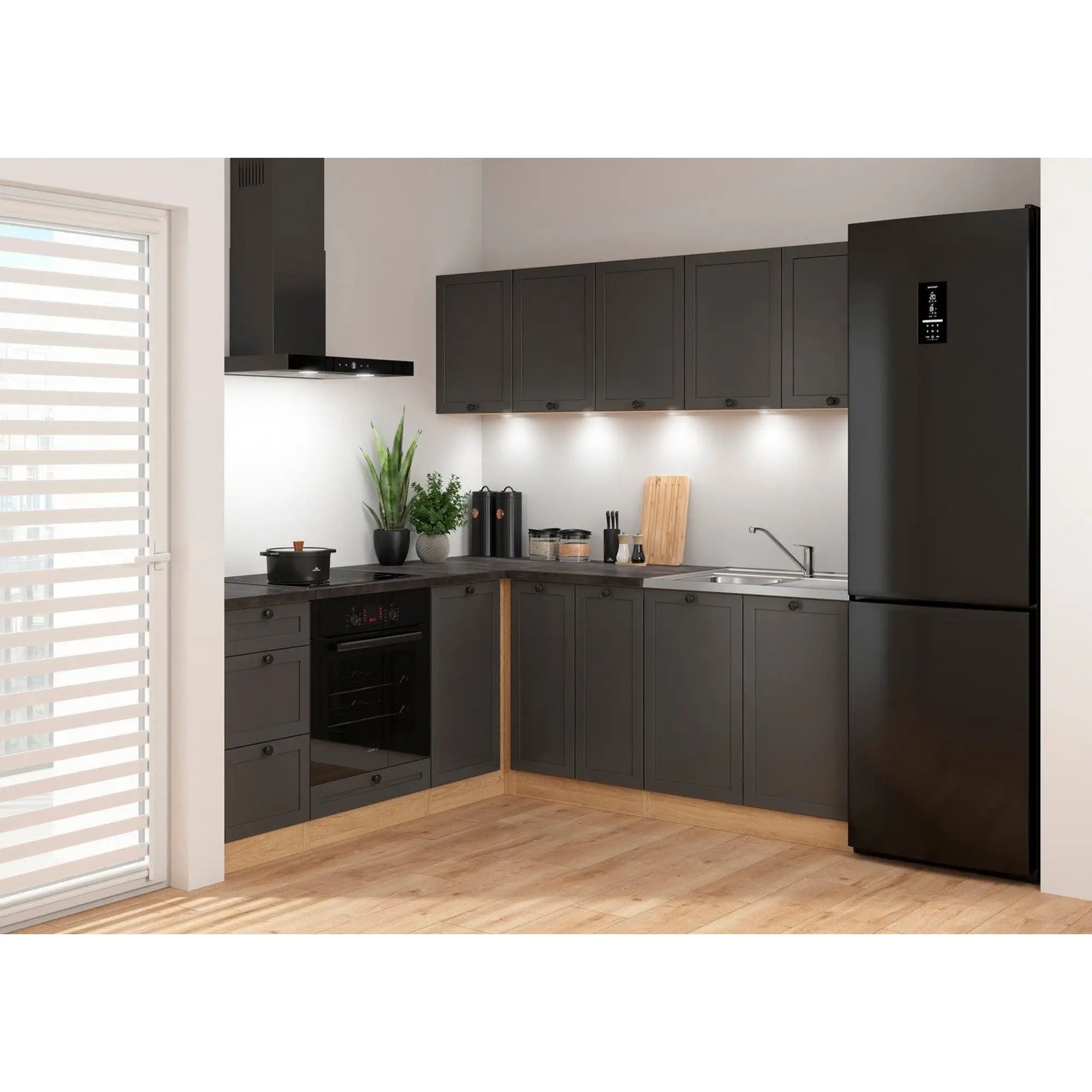 Set bucatarie JUNONA LINE, gri grafit/stejar, PAL, 200x200 cm, cu blat negru