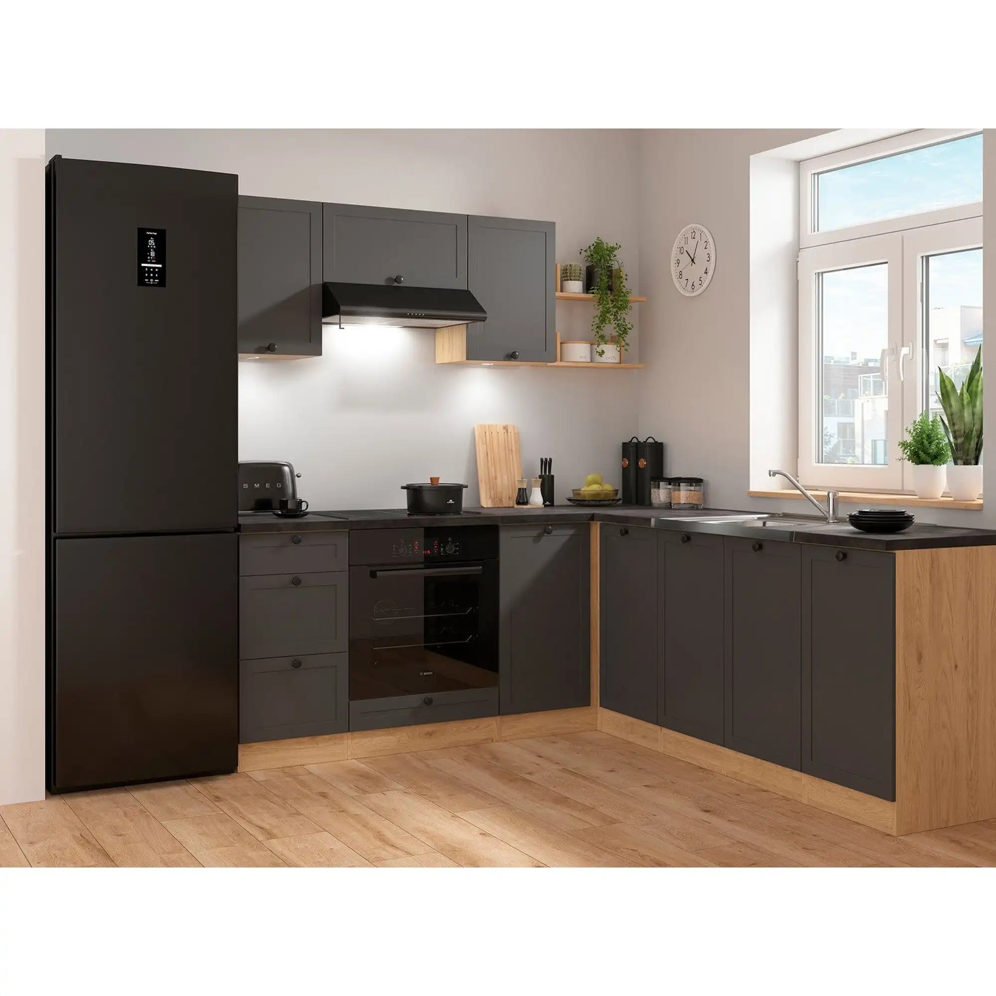 Set bucatarie JUNONA LINE, gri grafit/stejar, PAL, 200x220 cm, cu blat negru