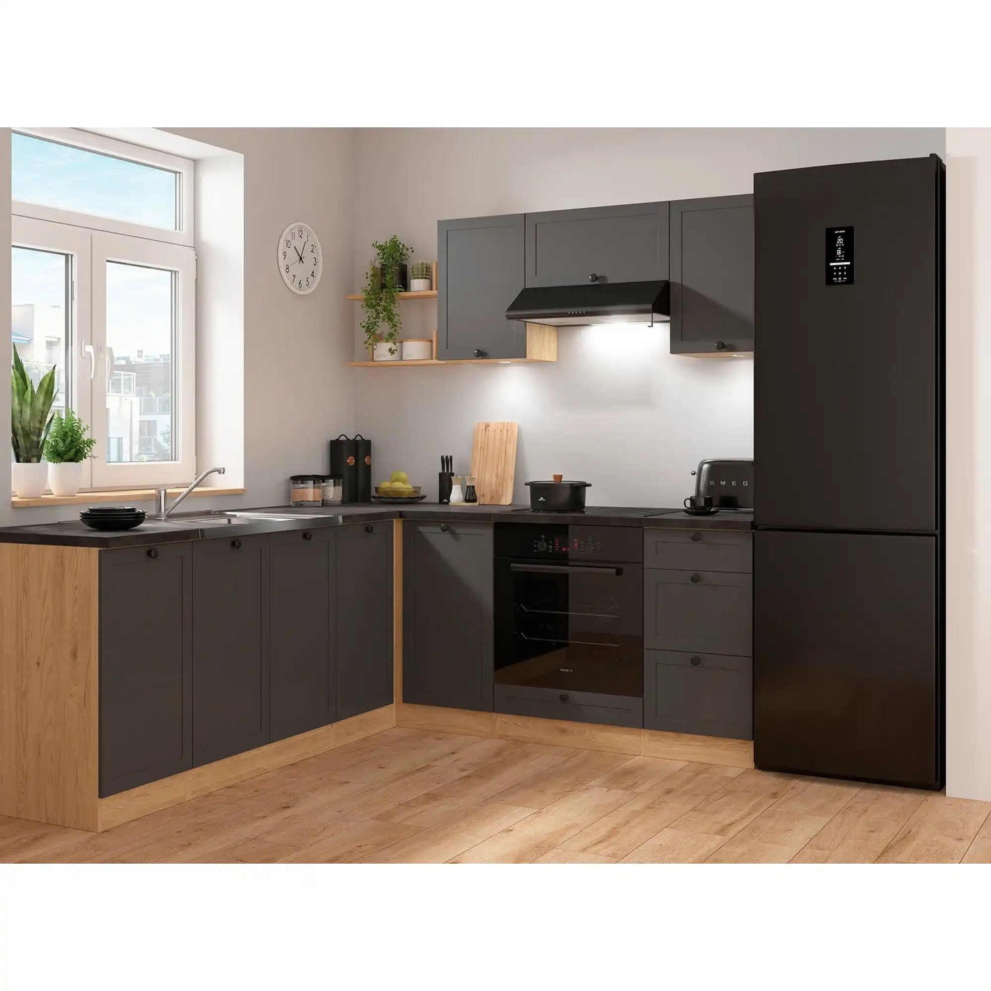 Set bucatarie JUNONA LINE, gri grafit/stejar, PAL, 200x220 cm, cu blat negru