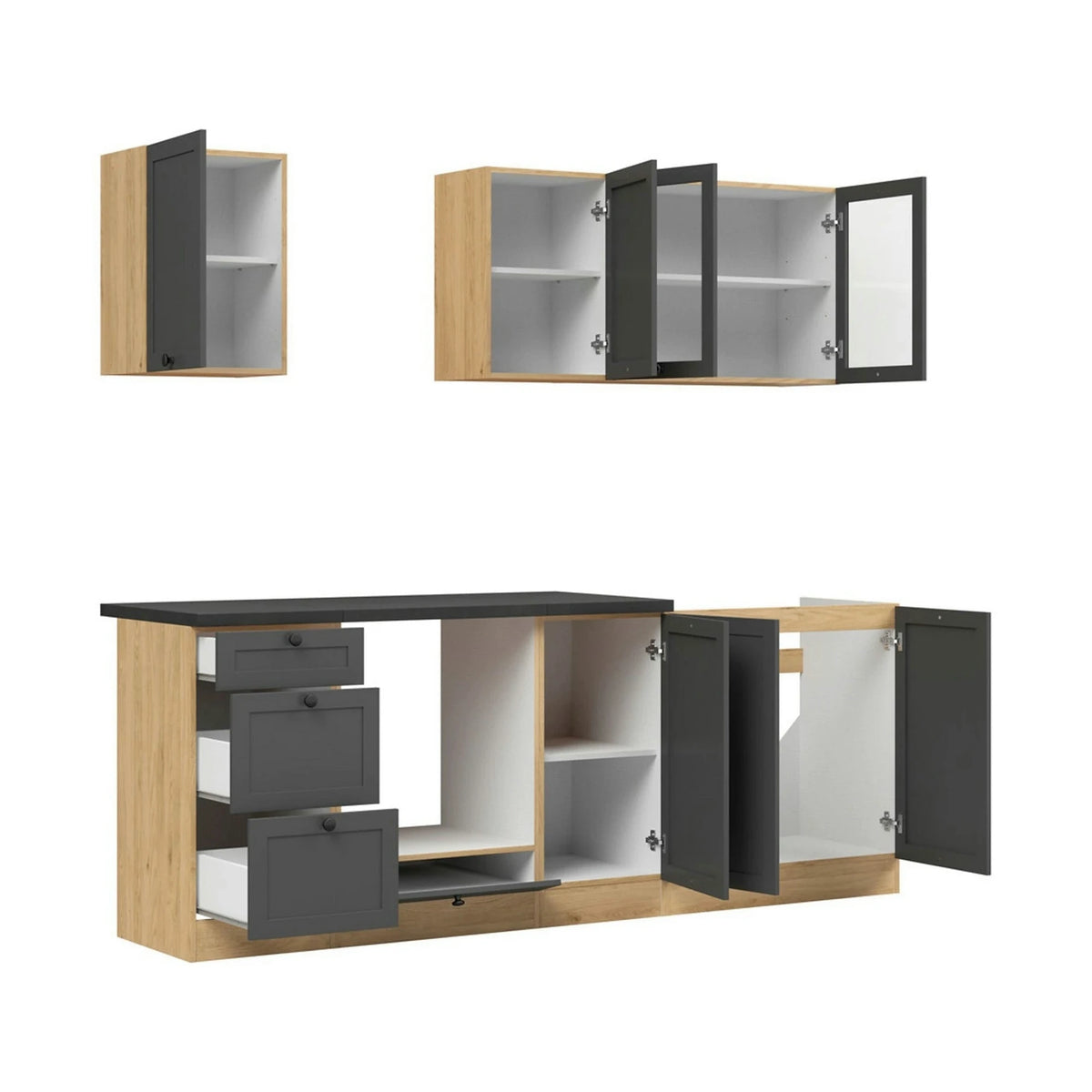 Set bucatarie JUNONA LINE, gri grafit/stejar, PAL, 220 cm, cu blat negru