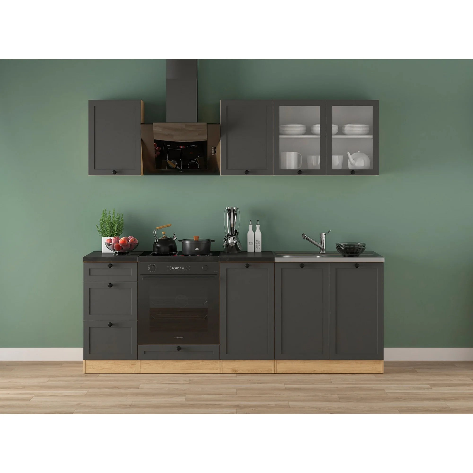 Set bucatarie JUNONA LINE, gri grafit/stejar, PAL, 220 cm, cu blat negru