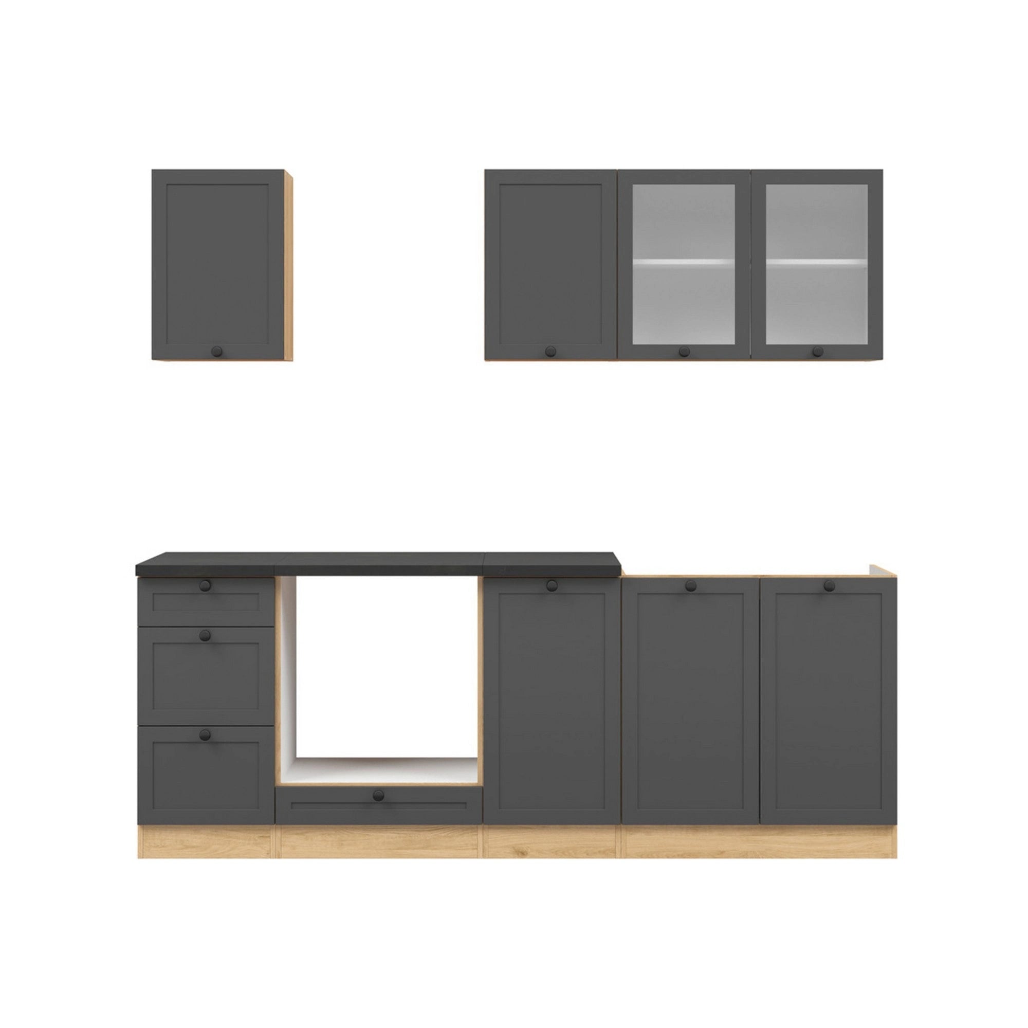 Set bucatarie JUNONA LINE, gri grafit/stejar, PAL, 220 cm, cu blat negru