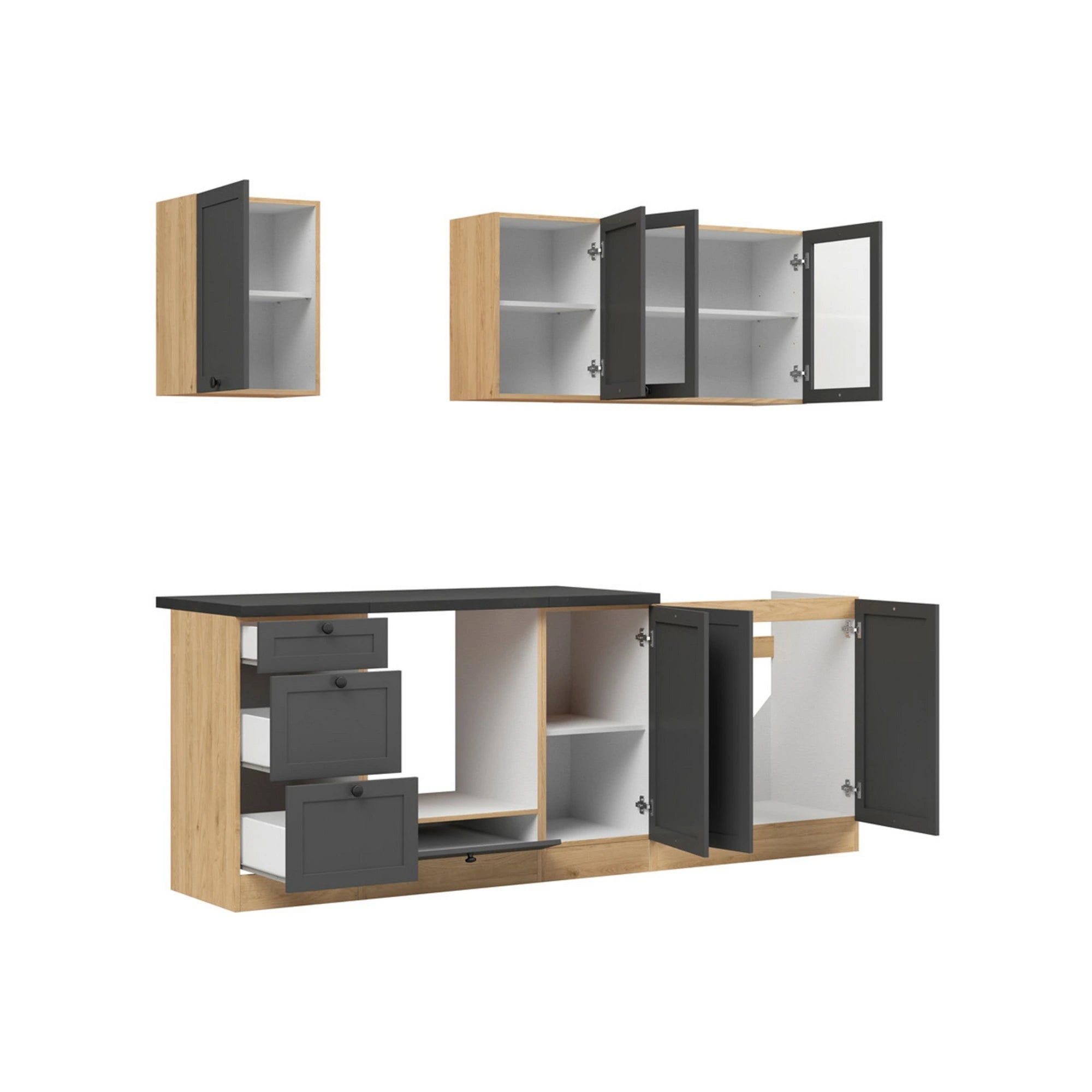 Set bucatarie JUNONA LINE, gri grafit/stejar, PAL, 220 cm, cu blat negru