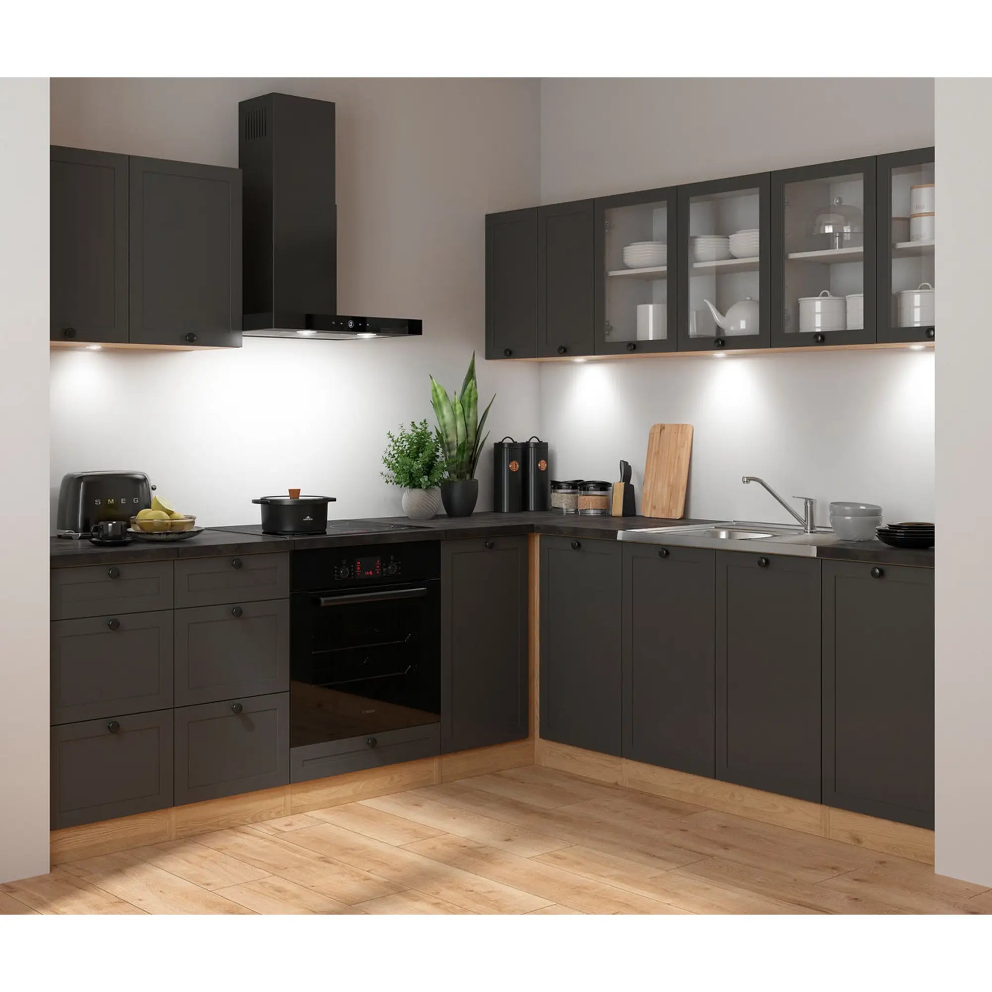 Set bucatarie JUNONA LINE, gri grafit/stejar, PAL, 220x240 cm, cu blat negru