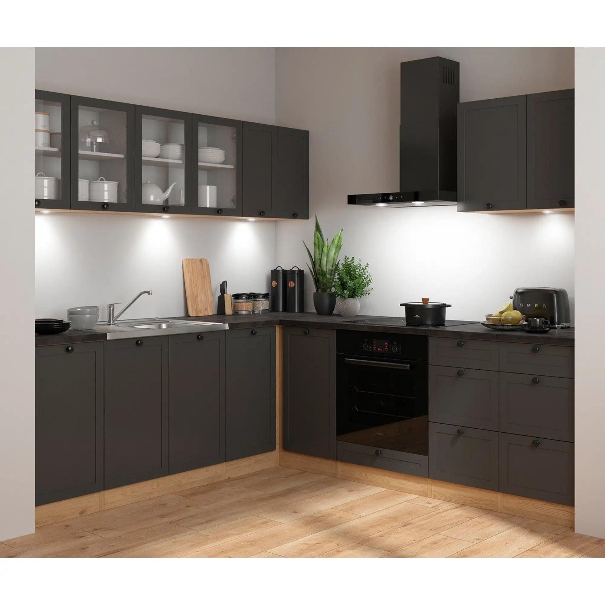 Set bucatarie JUNONA LINE, gri grafit/stejar, PAL, 220x240 cm, cu blat negru