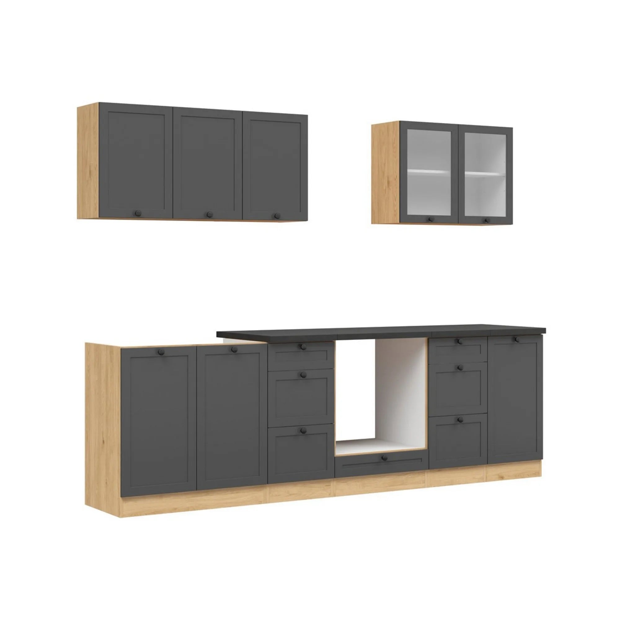 Set bucatarie JUNONA LINE, gri grafit/stejar, PAL, 260 cm, cu blat negru