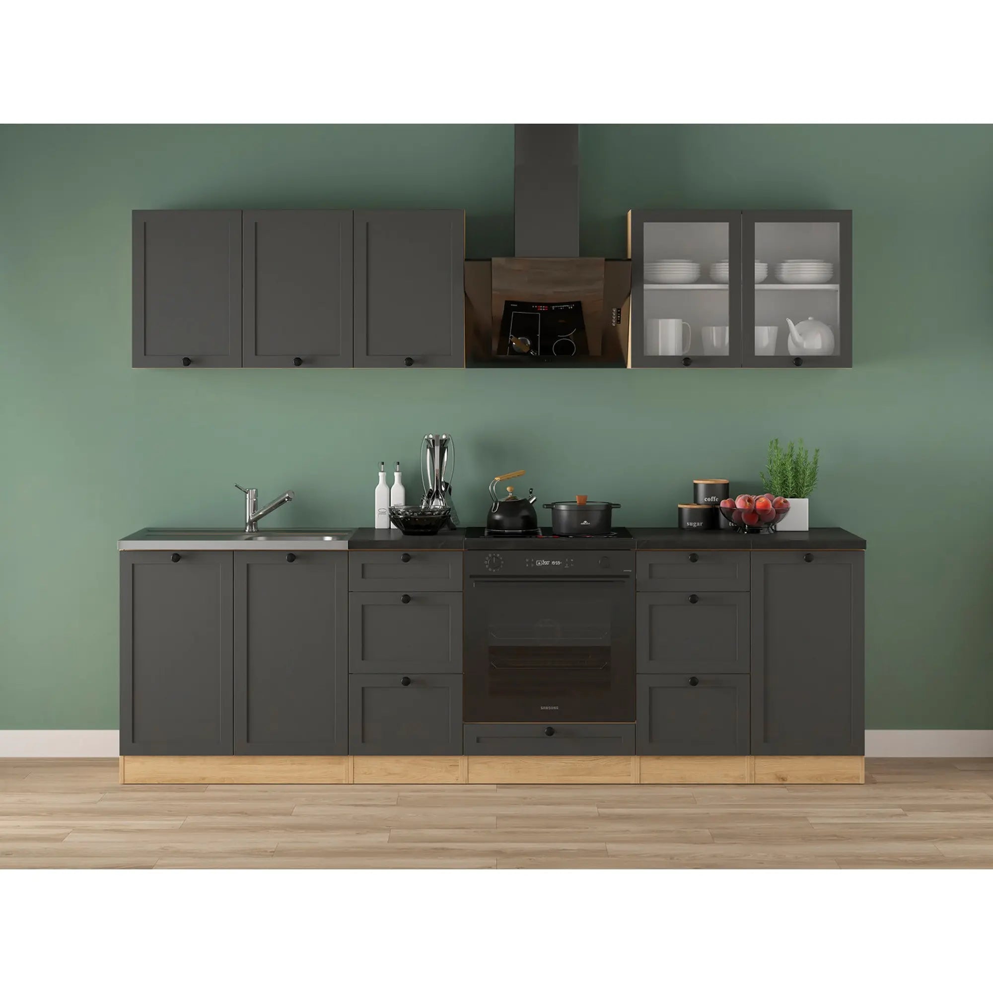 Set bucatarie JUNONA LINE, gri grafit/stejar, PAL, 260 cm, cu blat negru