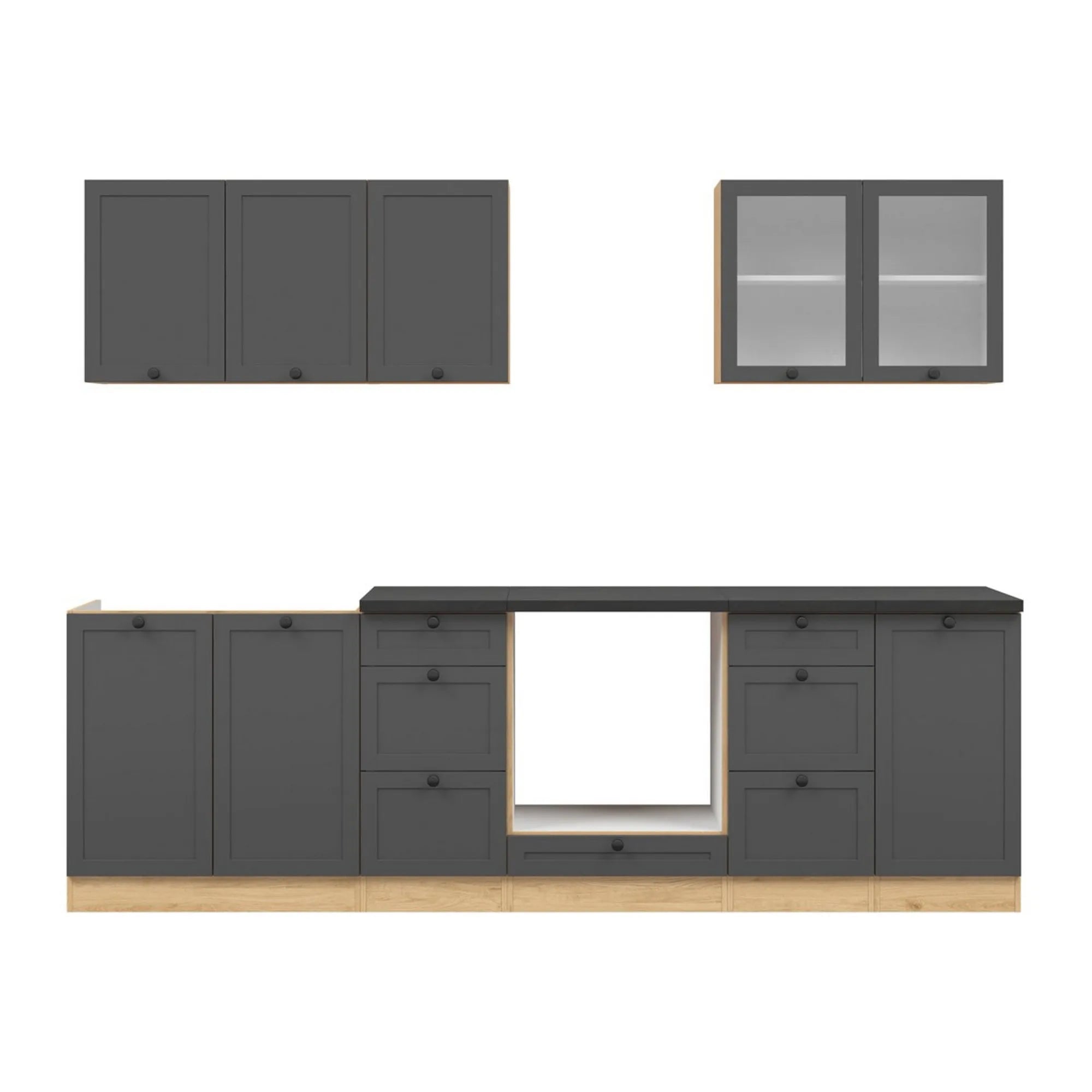 Set bucatarie JUNONA LINE, gri grafit/stejar, PAL, 260 cm, cu blat negru