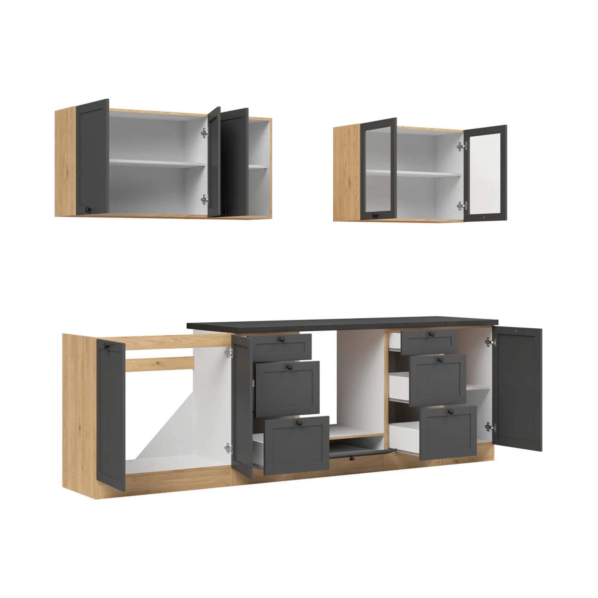 Set bucatarie JUNONA LINE, gri grafit/stejar, PAL, 260 cm, cu blat negru