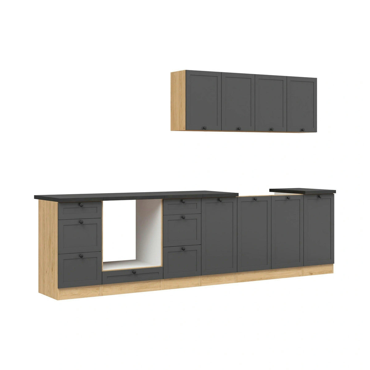 Set bucatarie JUNONA LINE, gri grafit/stejar, PAL, 300 cm, cu blat negru