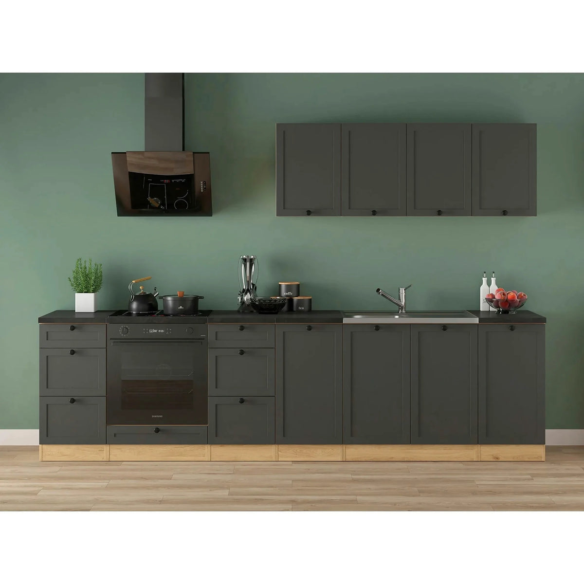 Set bucatarie JUNONA LINE, gri grafit/stejar, PAL, 300 cm, cu blat negru