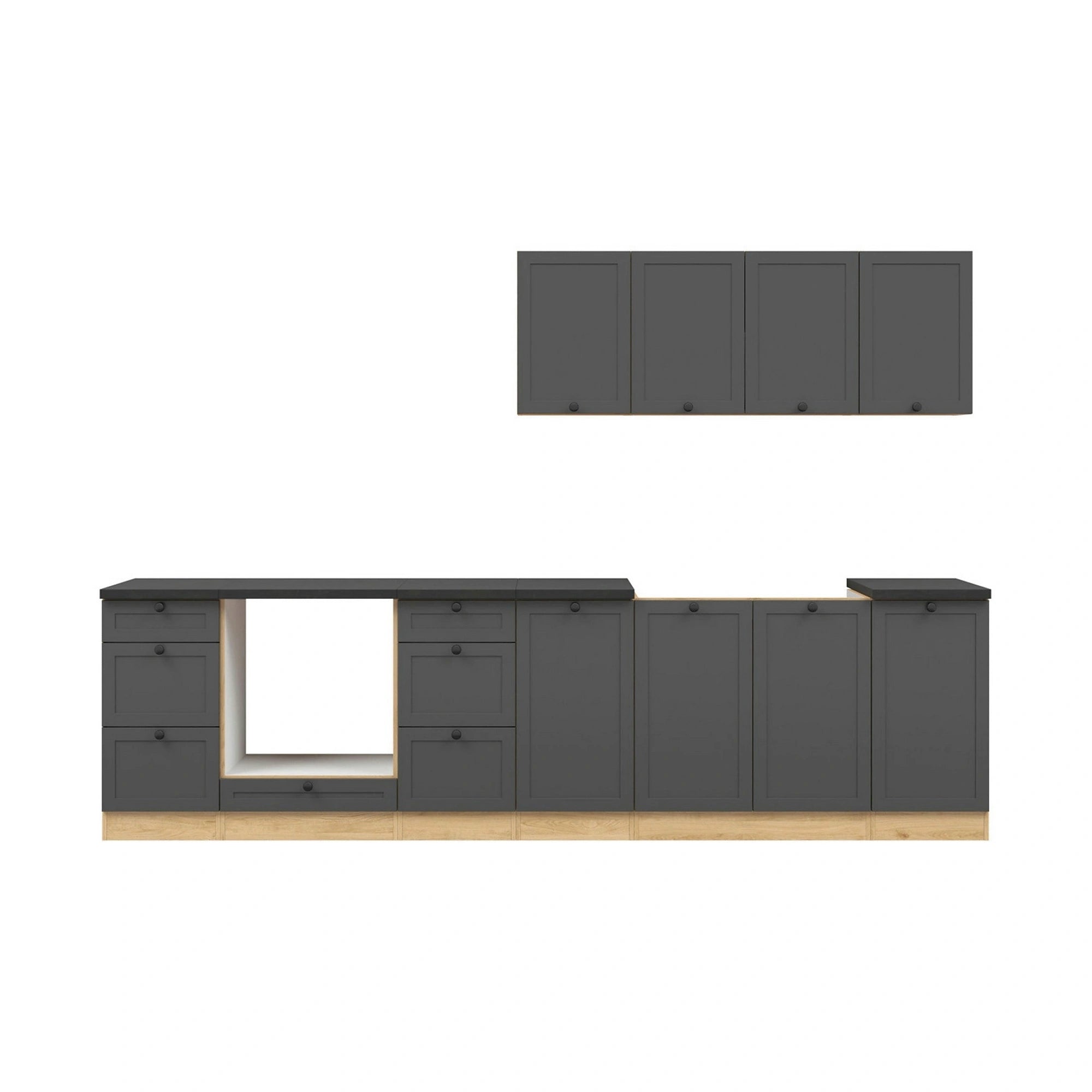 Set bucatarie JUNONA LINE, gri grafit/stejar, PAL, 300 cm, cu blat negru