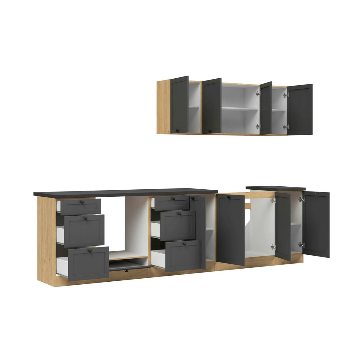 Set bucatarie JUNONA LINE, gri grafit/stejar, PAL, 300 cm, cu blat negru