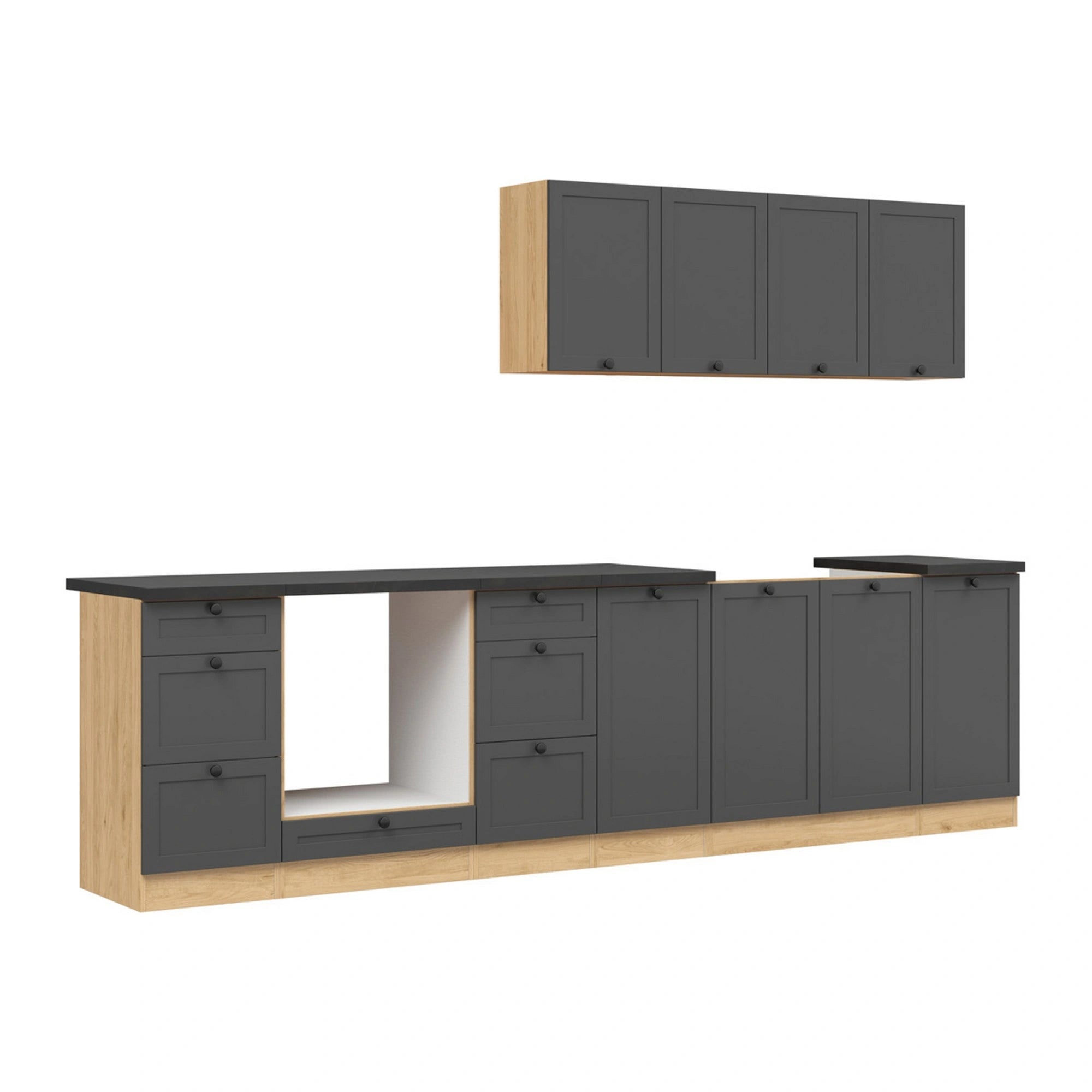 Set bucatarie JUNONA LINE, gri grafit/stejar, PAL, 300 cm, cu blat negru