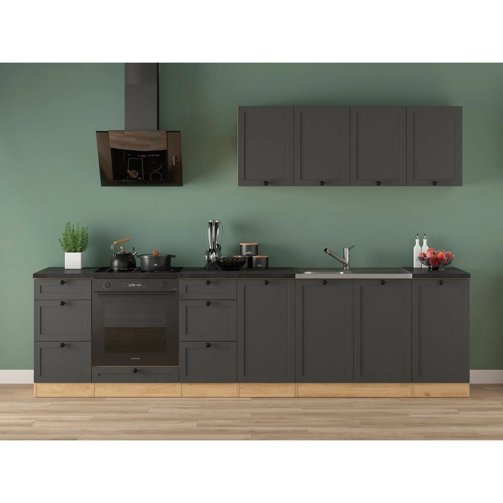 Set bucatarie JUNONA LINE, gri grafit/stejar, PAL, 300 cm, cu blat negru