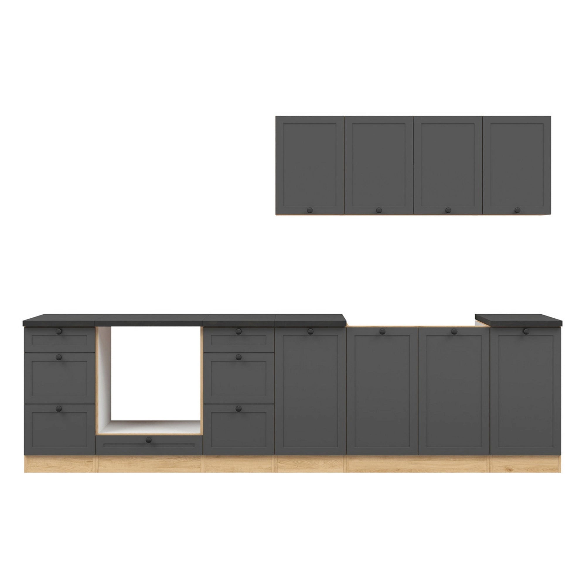 Set bucatarie JUNONA LINE, gri grafit/stejar, PAL, 300 cm, cu blat negru