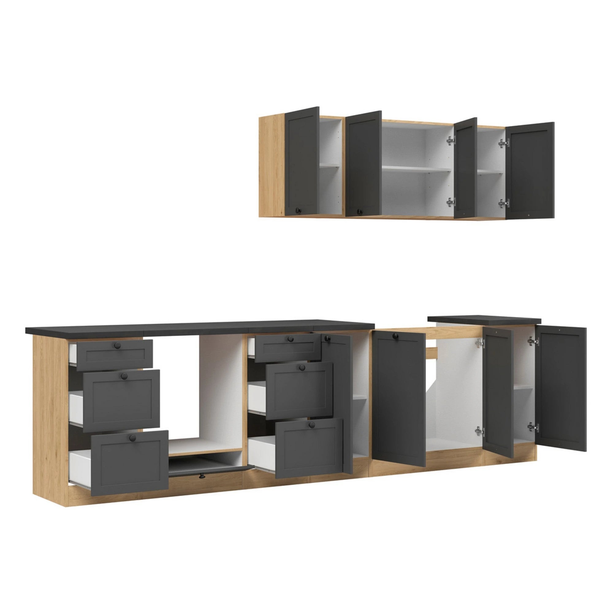 Set bucatarie JUNONA LINE, gri grafit/stejar, PAL, 300 cm, cu blat negru